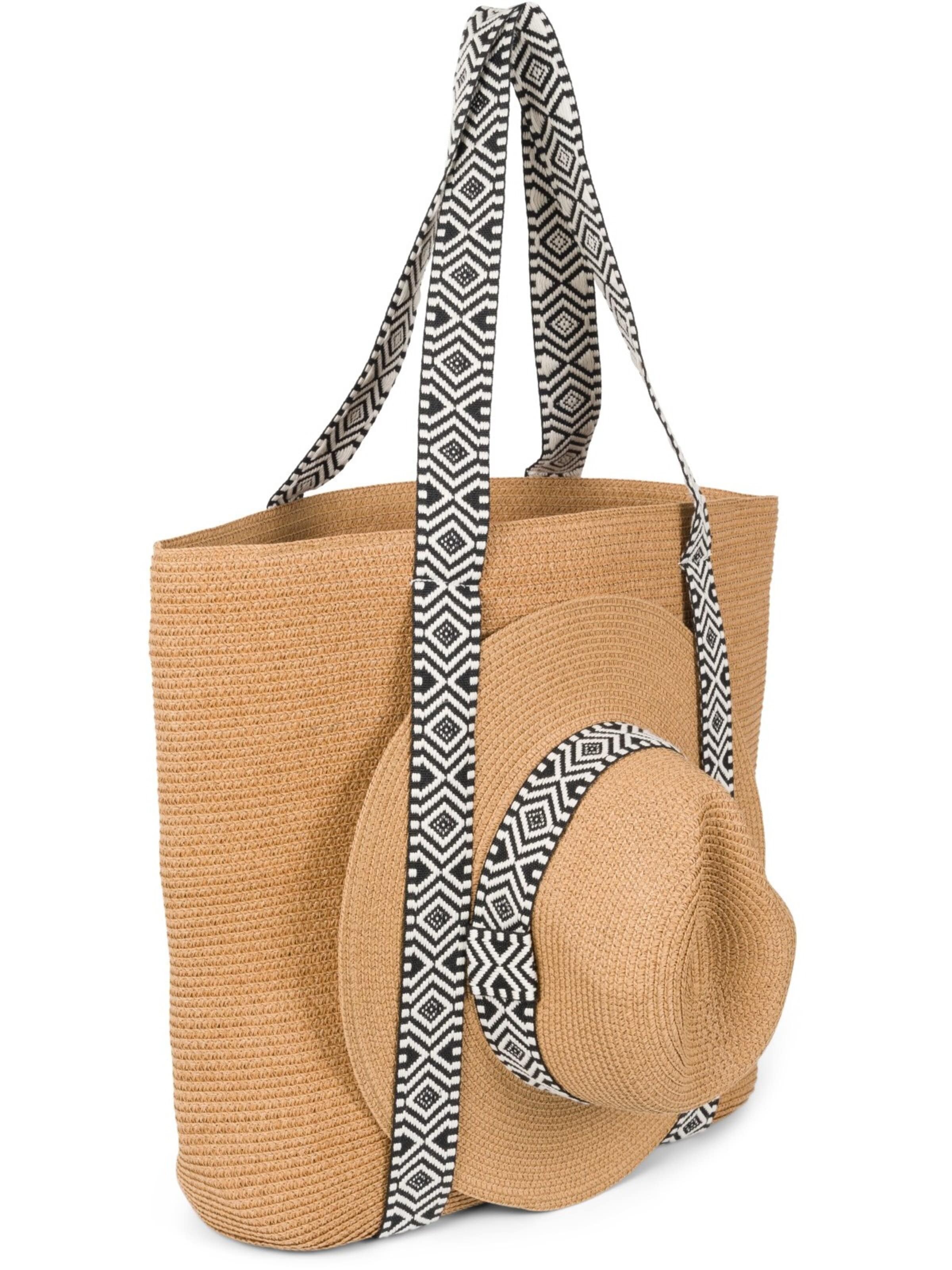 styleBREAKER Strandtasche 'Papierstroh Strandtasche Azteken Muster'‌‌‌‌ in Braun