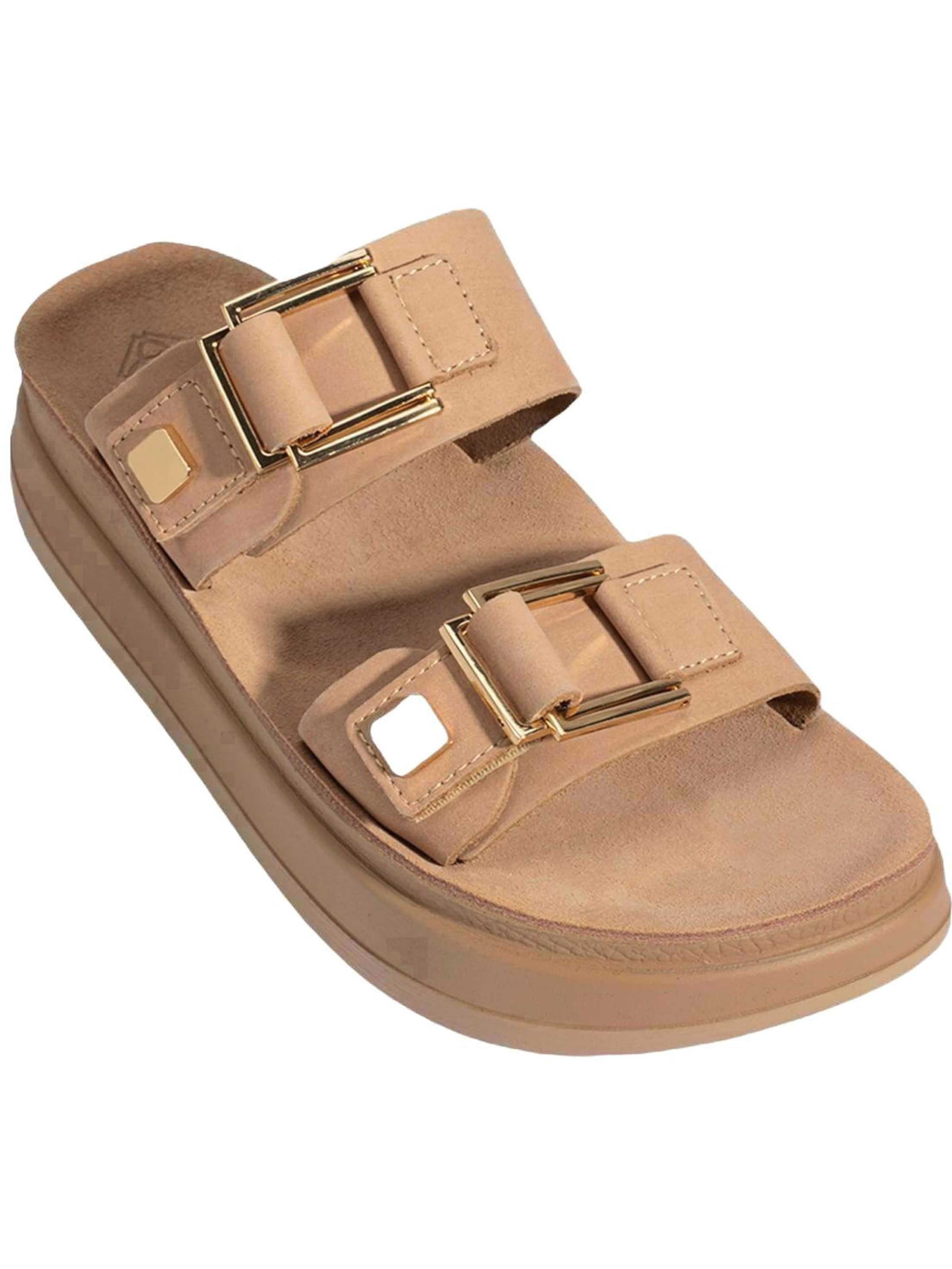 Desa - Zapatillas de casa 'DESA Damen-Keilsandalen aus Nubukleder mit Schnallendetail' en beige: frente