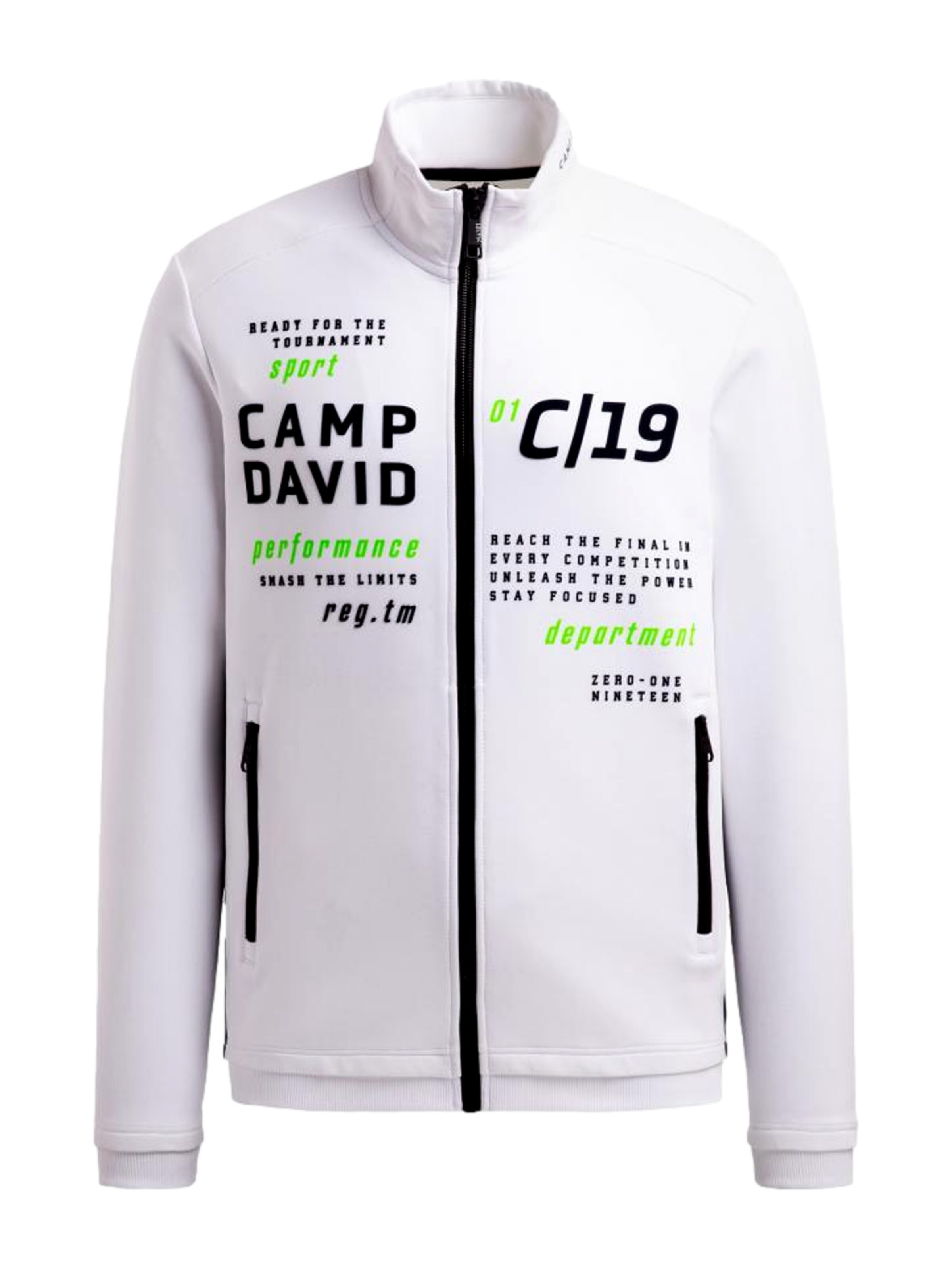 Veste de survêtement 'Game.Set.Match' CAMP DAVID en blanc : devant