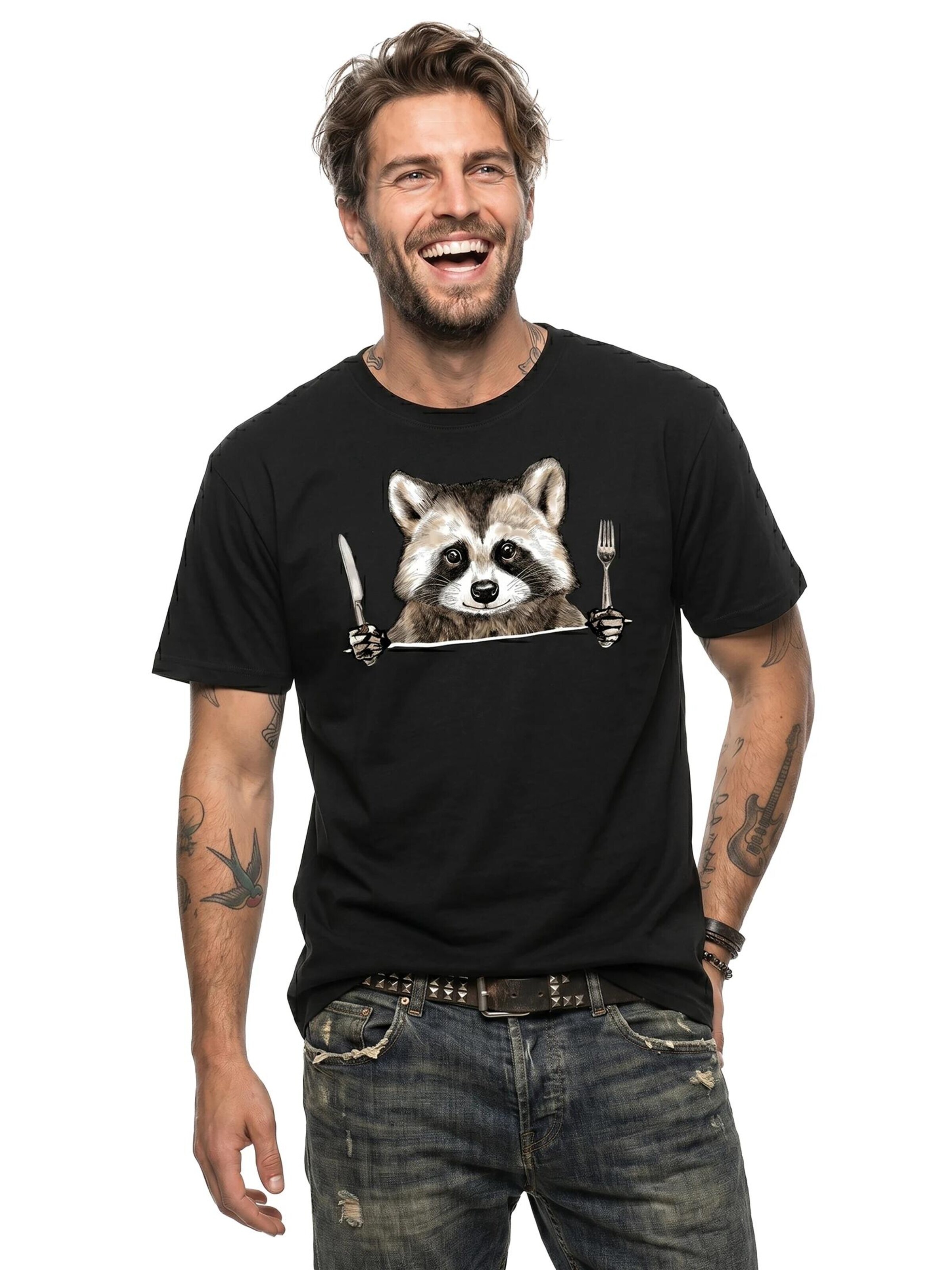 MAKAYA Shirt 'Waschbär Gabel' in Black