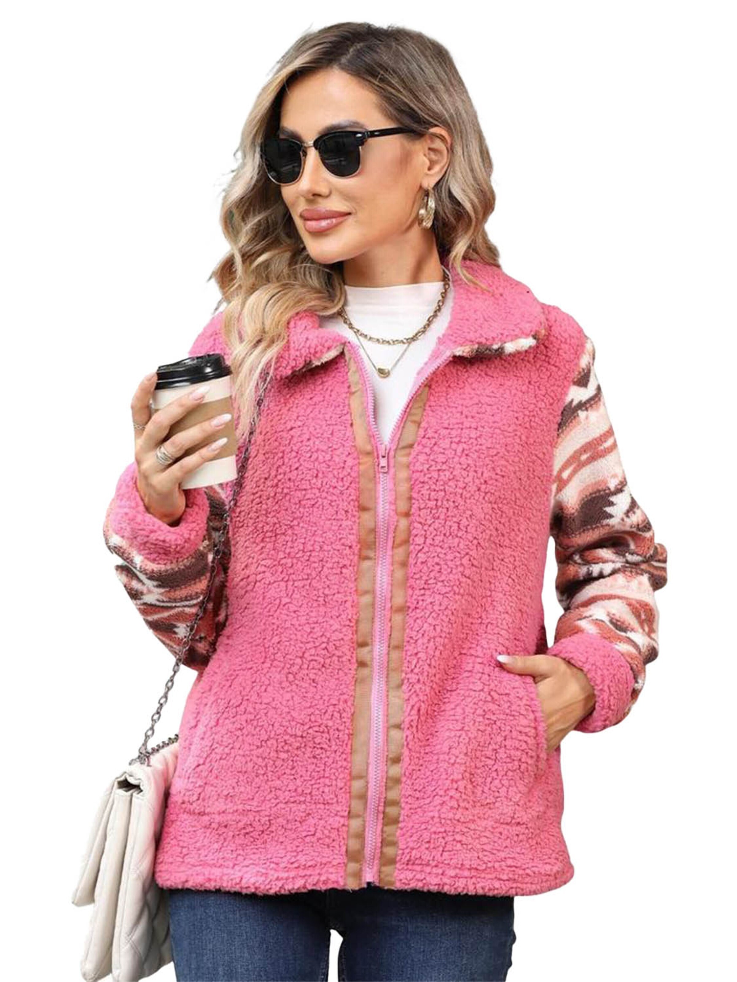 KoJooin Kurtka przejściowa 'Damen Langarm Kuscheljacke mit Reißverschluss Strickjacke mit Stehkragen und weichem Plüsch' w kolorze różowy: przód