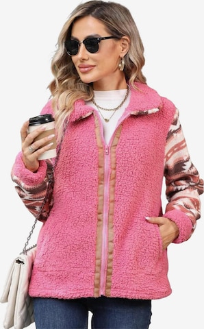 KoJooin Kurtka przejściowa 'Damen Langarm Kuscheljacke mit Reißverschluss Strickjacke mit Stehkragen und weichem Plüsch' w kolorze różowy: przód