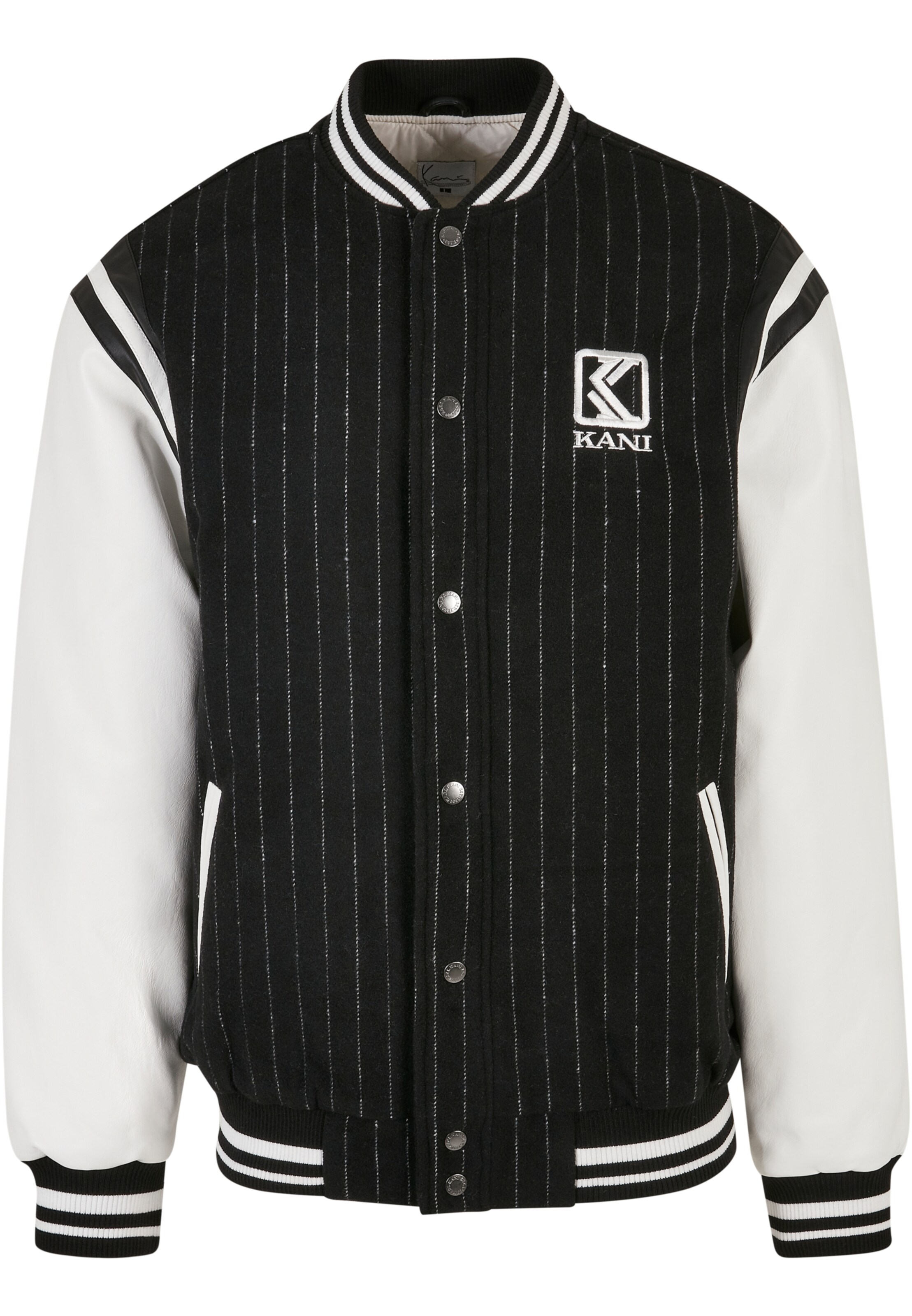 melns Karl Kani Starpsezonu jaka 'KM222-023-1': no priekšpuses