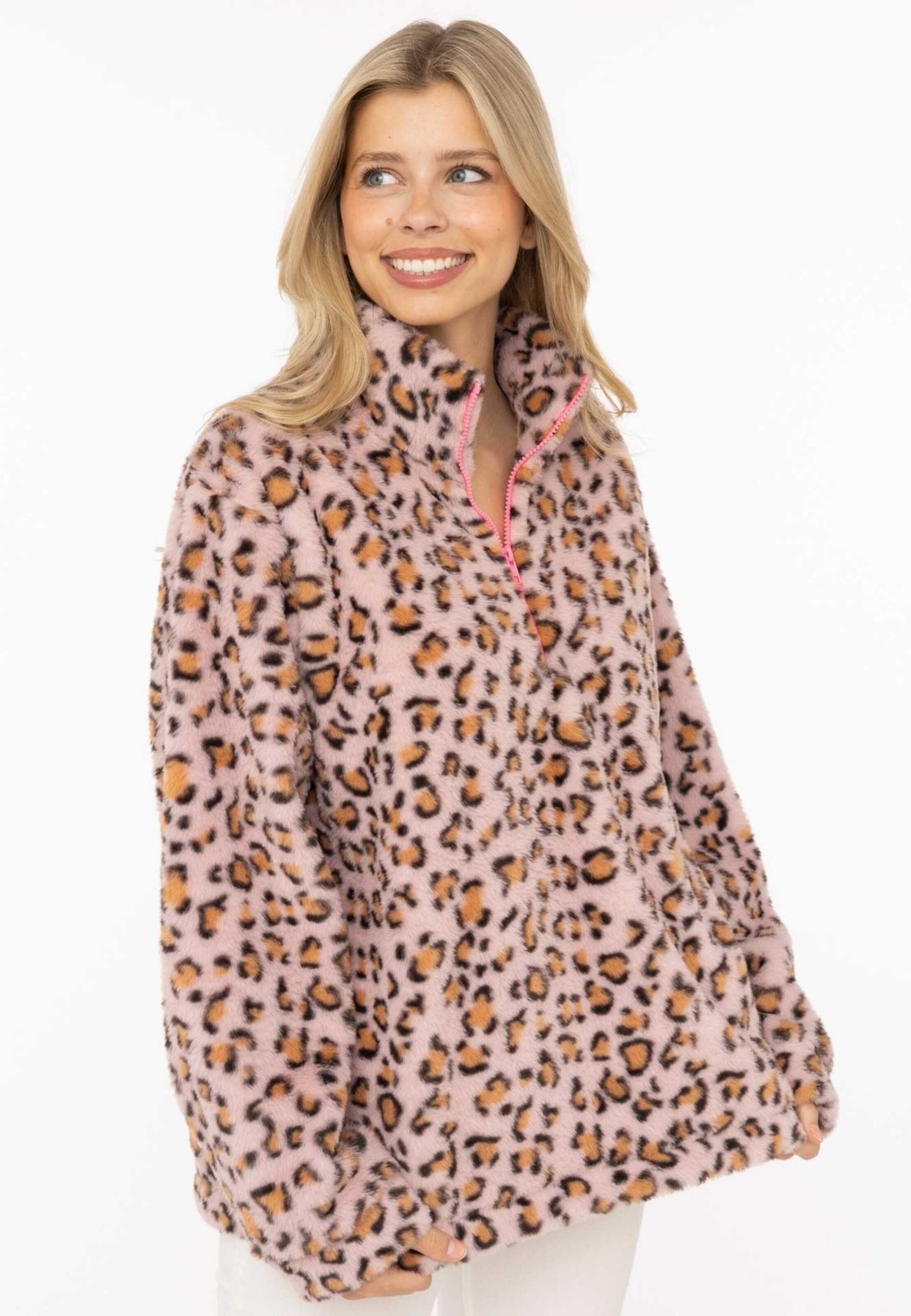 Sweat-shirt 'Fake Fur Troyer Cozy Leo' Zwillingsherz en rose : devant