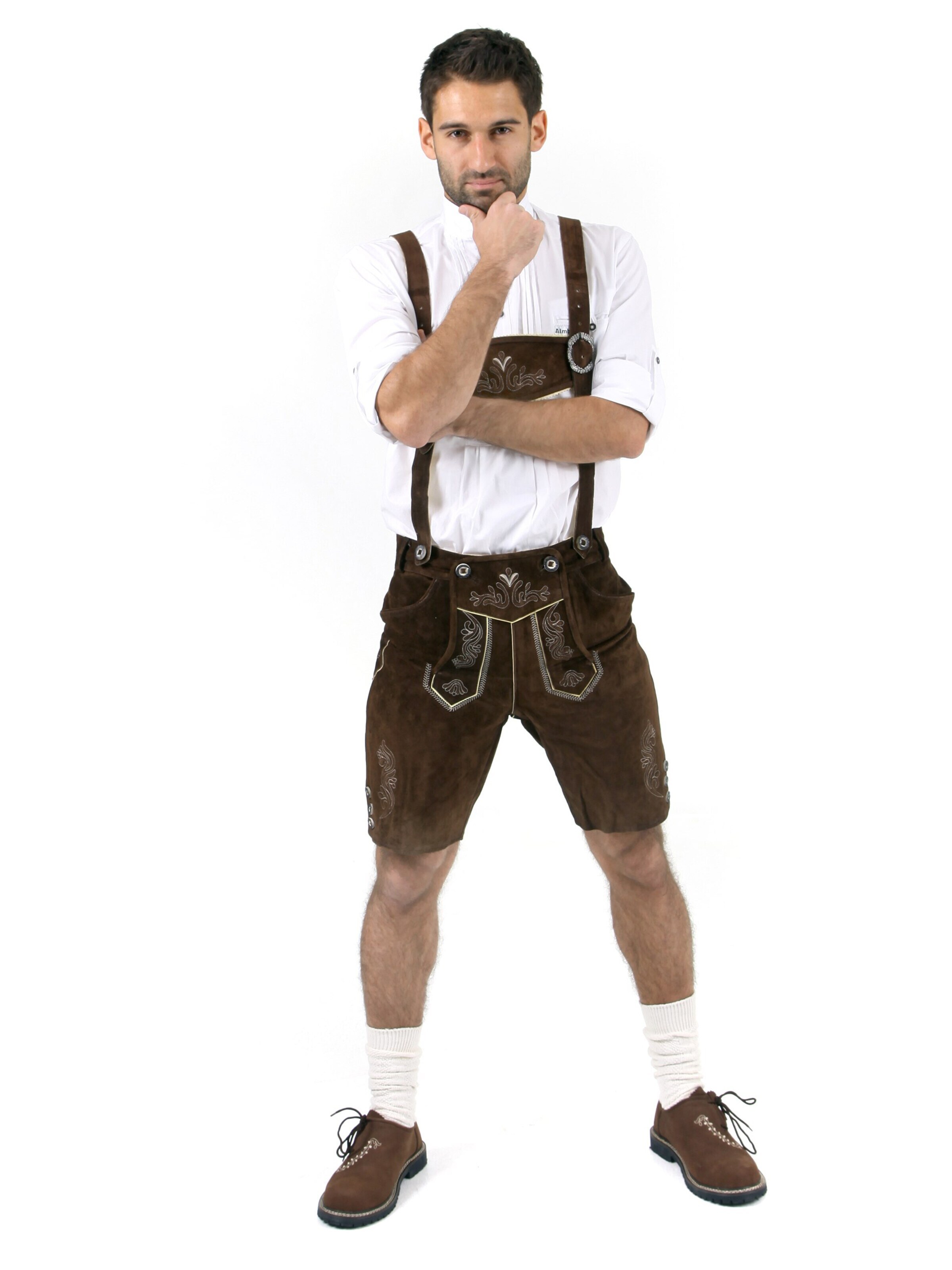 Almbock Skinny Traditional pants 'Trachtenlederhose kurz Leo dunkelbraun' in Brown