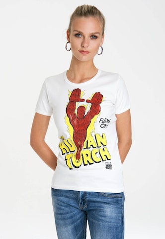 LOGOSHIRT Shirt 'Human Torch – Flame On' in White: front