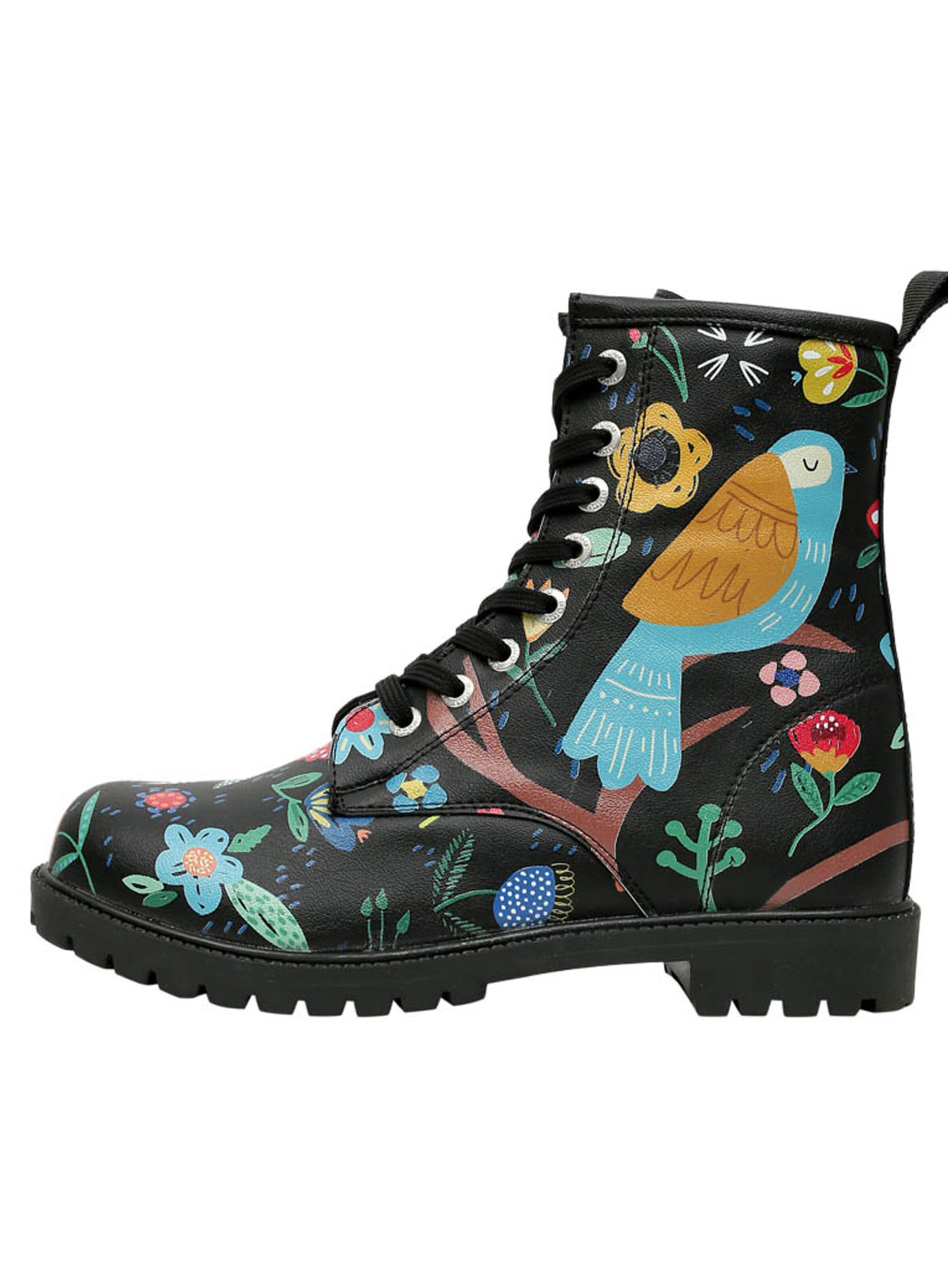 DOGO Schnürstiefel 'Flower & Birds BLACK'‌‌‌‌ in Schwarz: Vorderseite