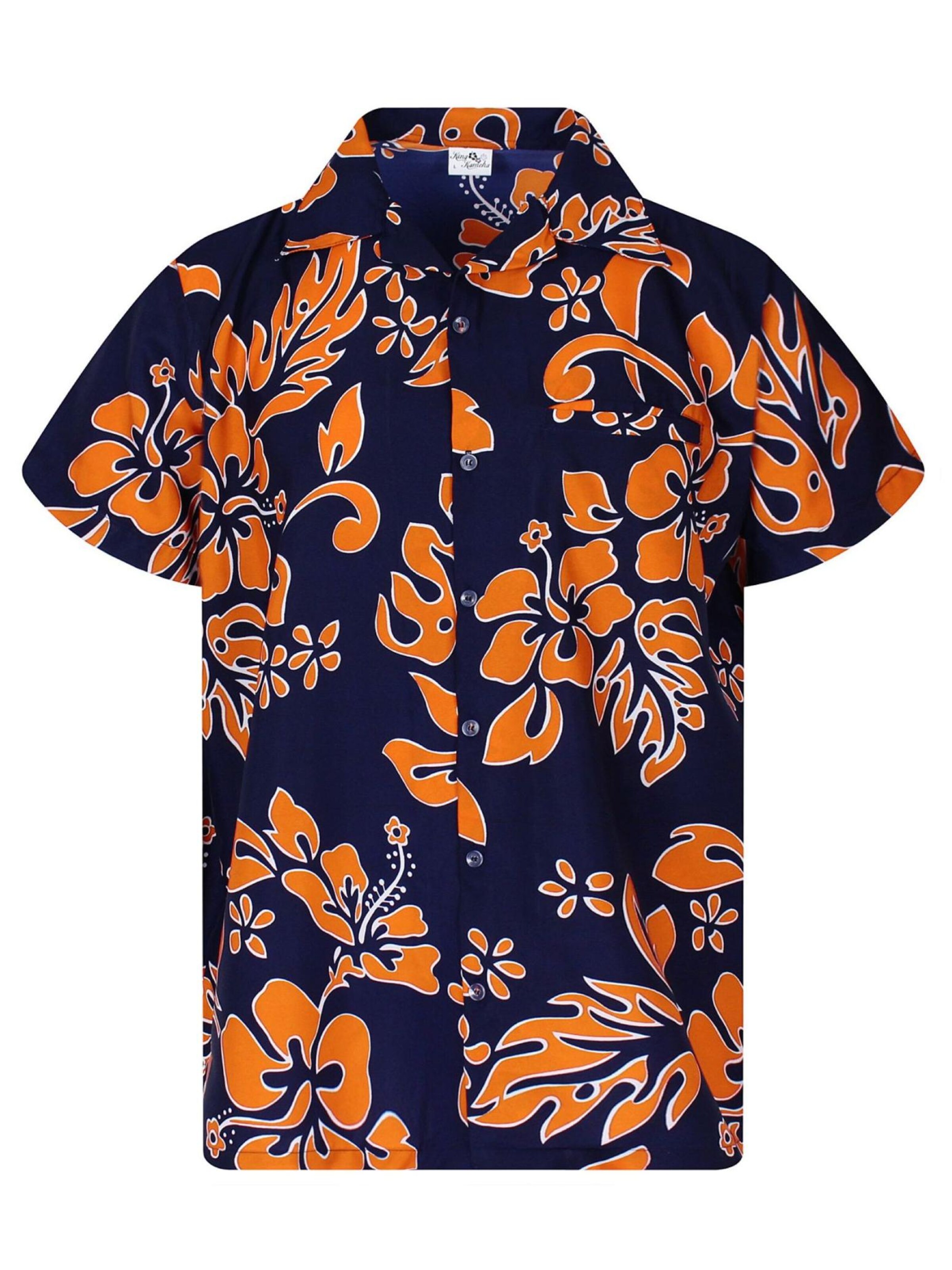 King Kameha Shirt 'Hibiscus Blue Line'‌ in Orange: Vorderseite