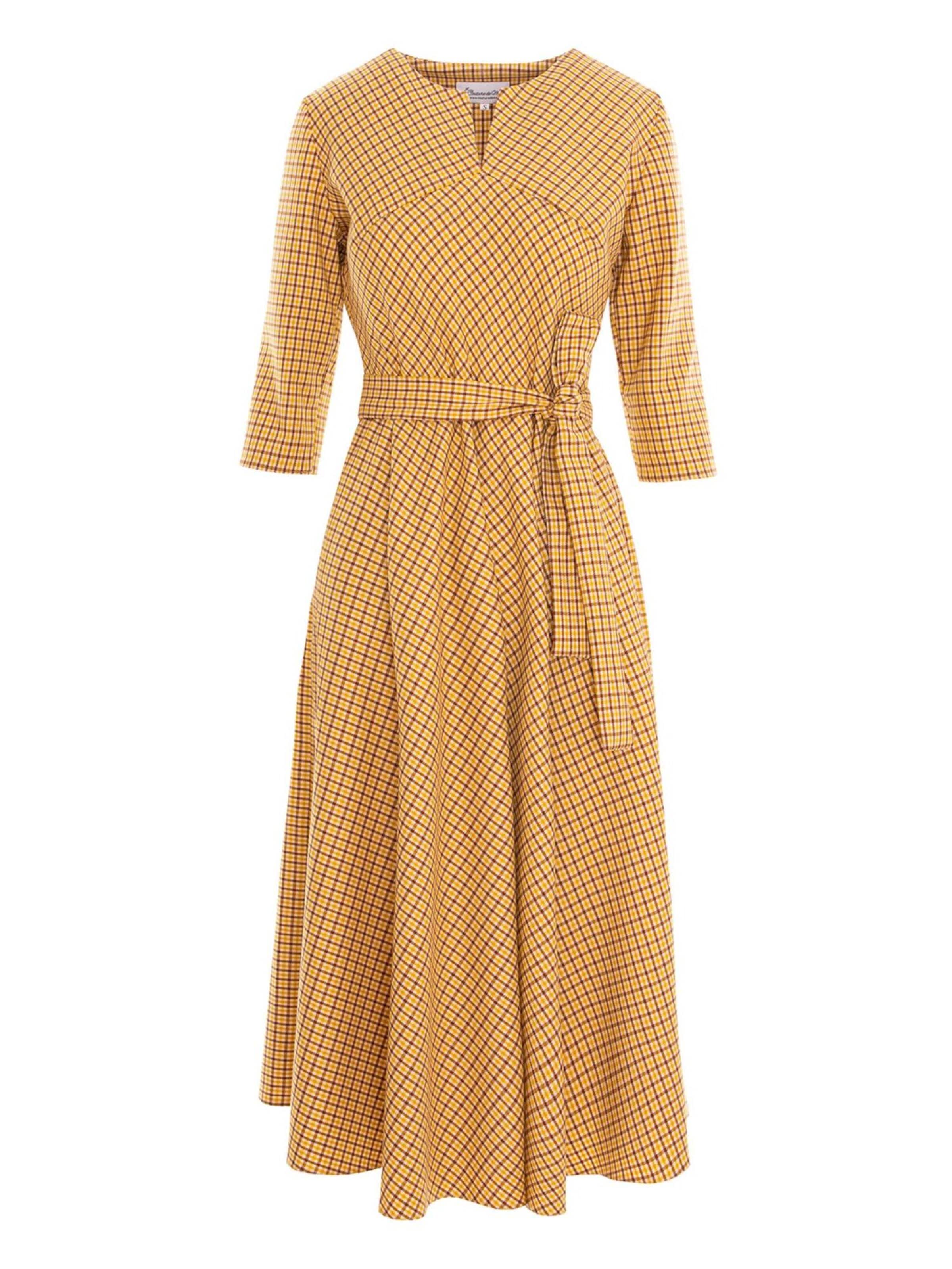 Couture de Marie Jurk 'Wool Dress with Check Pattern – Dark Yellow – Victoria' in Geel: voorkant