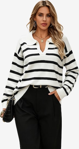 KoJooin Sweater 'Damen Modischer Gestreifter Cardigan mit Kragen – Locker Geschnittener, Vielseitiger Strickpullover' in White: front