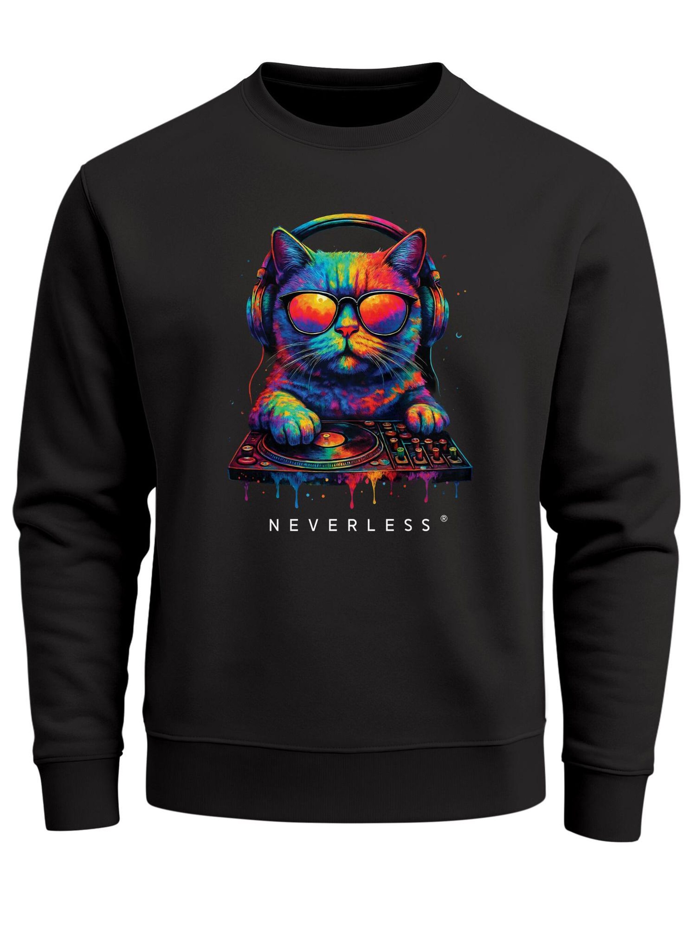 Neverless Sweatshirt 'DJ Cat' in Black: front