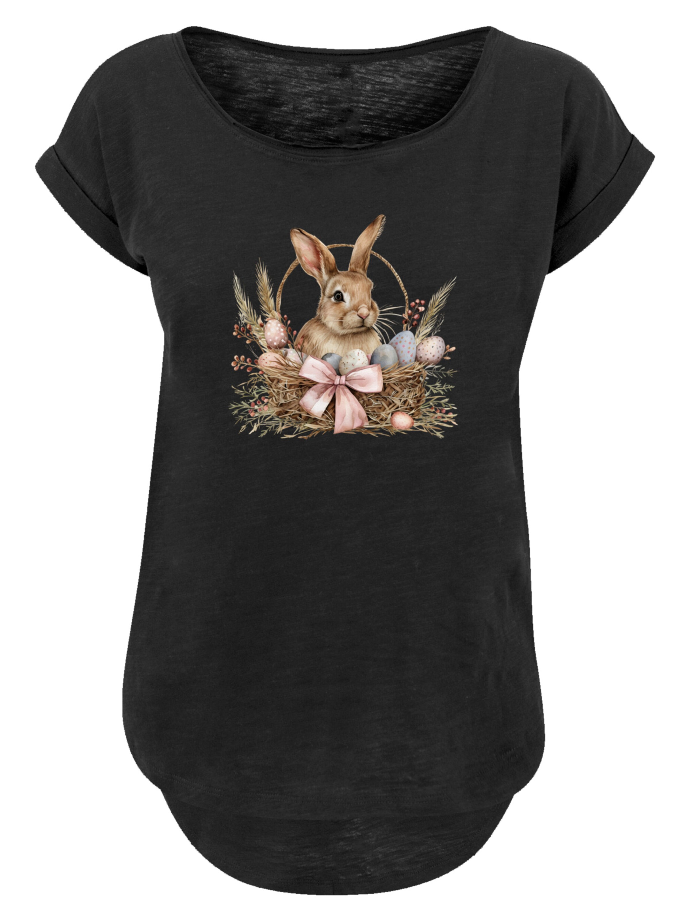 F4NT4STIC T-Shirt 'Osterhasen Korb Dekor' in Schwarz: Vorderseite