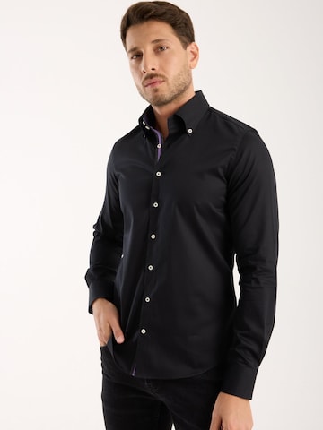 7Camicie Slim fit Zakelijk overhemd 'Roma Iconic Satin Man Shirt Black' in Zwart
