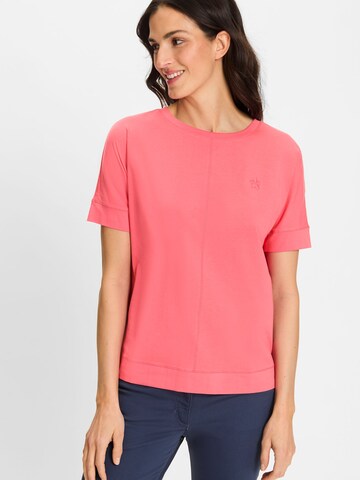 Olsen T-Shirt mit gestickter Blume auf Brusthöhe in Pink: Vorderseite