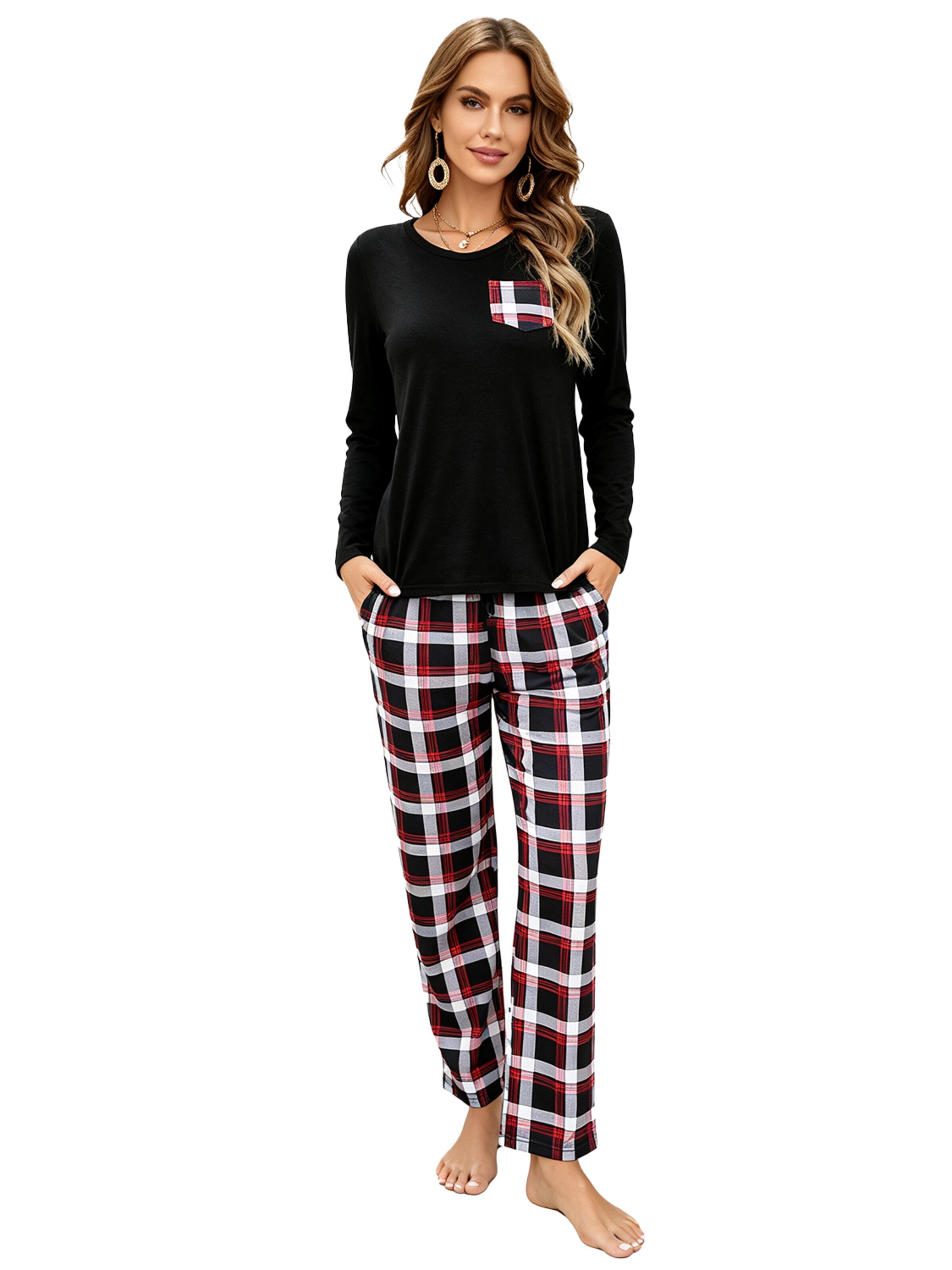 KoJooin Piżama 'Damen Weihnachts-Pyjama-Set im Karierten Design Klassische,Langärmelige Loungewear für Familiäre' w kolorze czarny