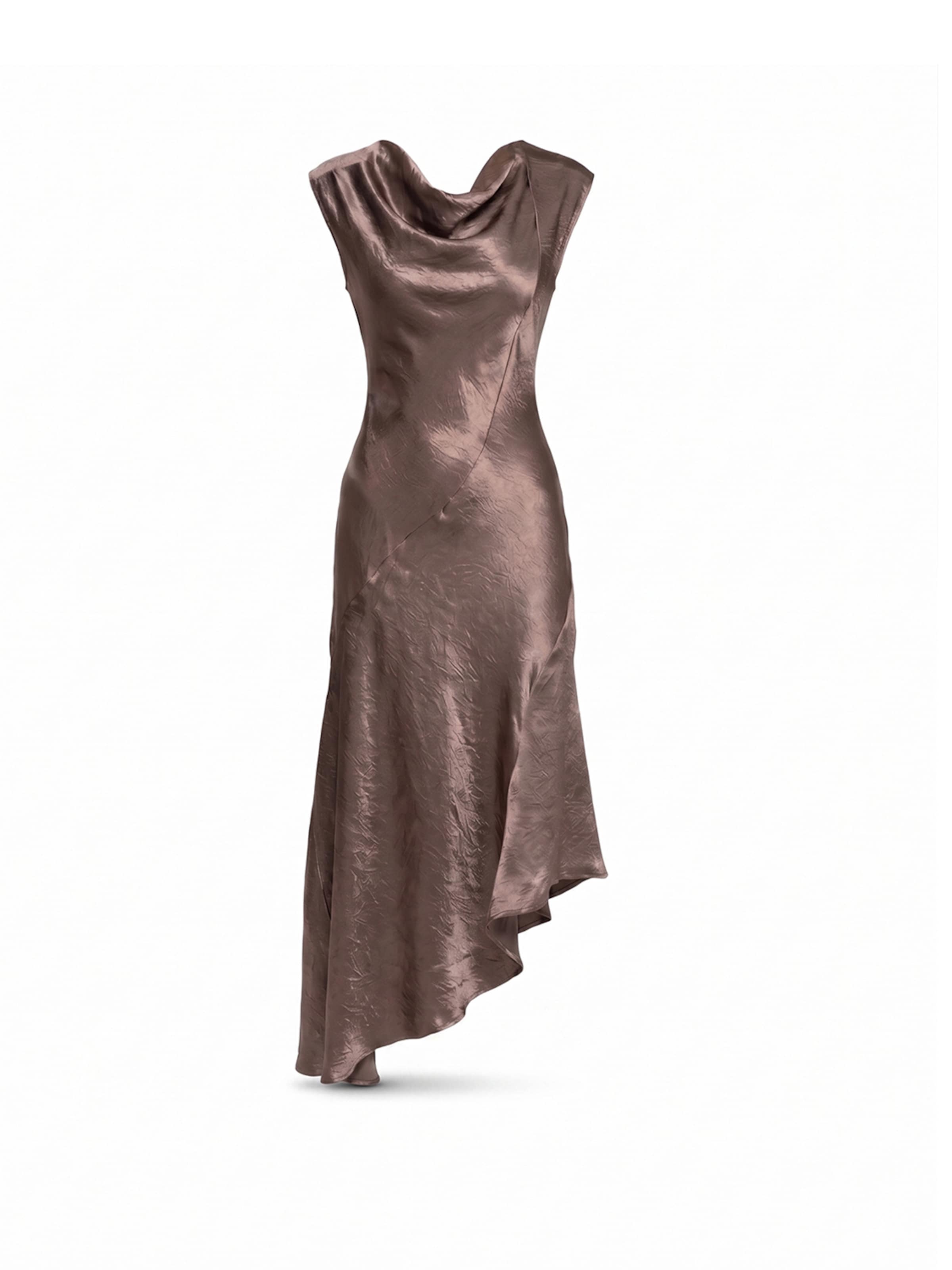 Abito da cocktail 'vestido midi con textura de seda cuello barco y largo asimétrico (Brown)' di Tantra in marrone: frontale