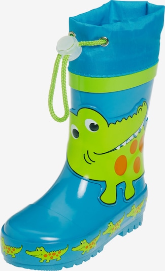 PLAYSHOES Regenlaarzen 'Krokodil' in de kleur Blauw / Lichtgroen / Donkeroranje, Productweergave
