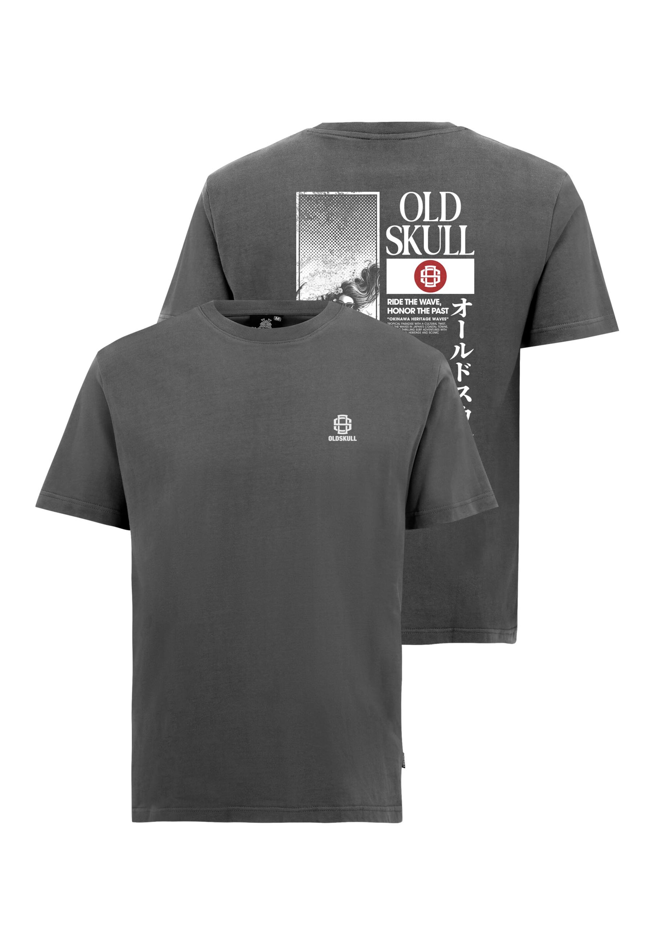 Oldskull T-Shirt 'Asian Lotus Surf' in Grau: Vorderseite