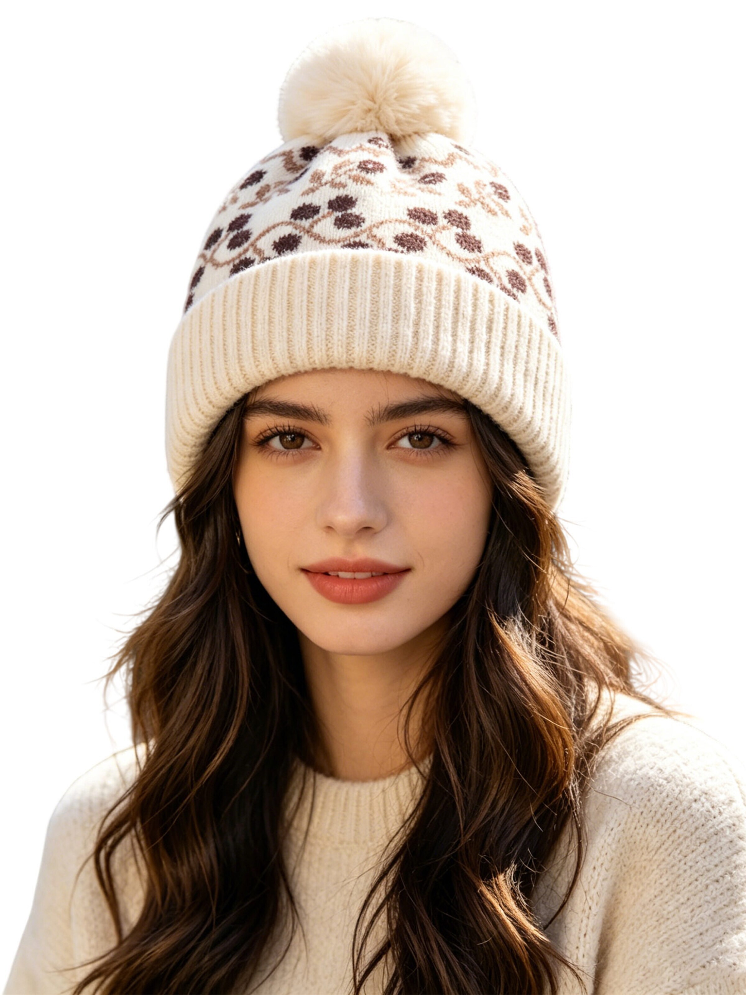 Magicshe Hat 'Warme Strickmütze mit Bommel' in Brown: front