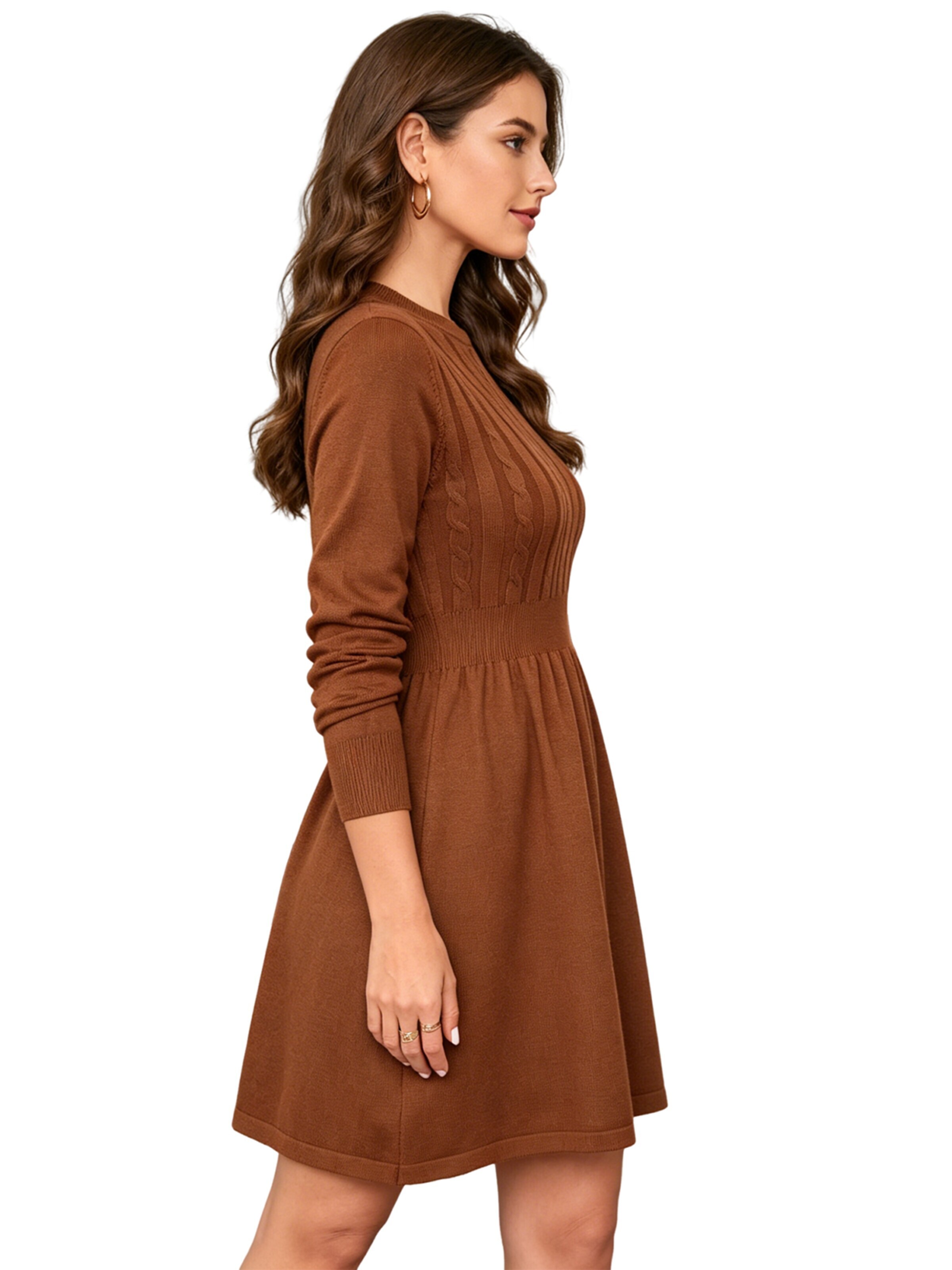 KoJooin Sukienka z dzianiny 'Strickkleid Damen Winter Langarm Rundhals Midikleid für Alltag Fest' w kolorze brązowy