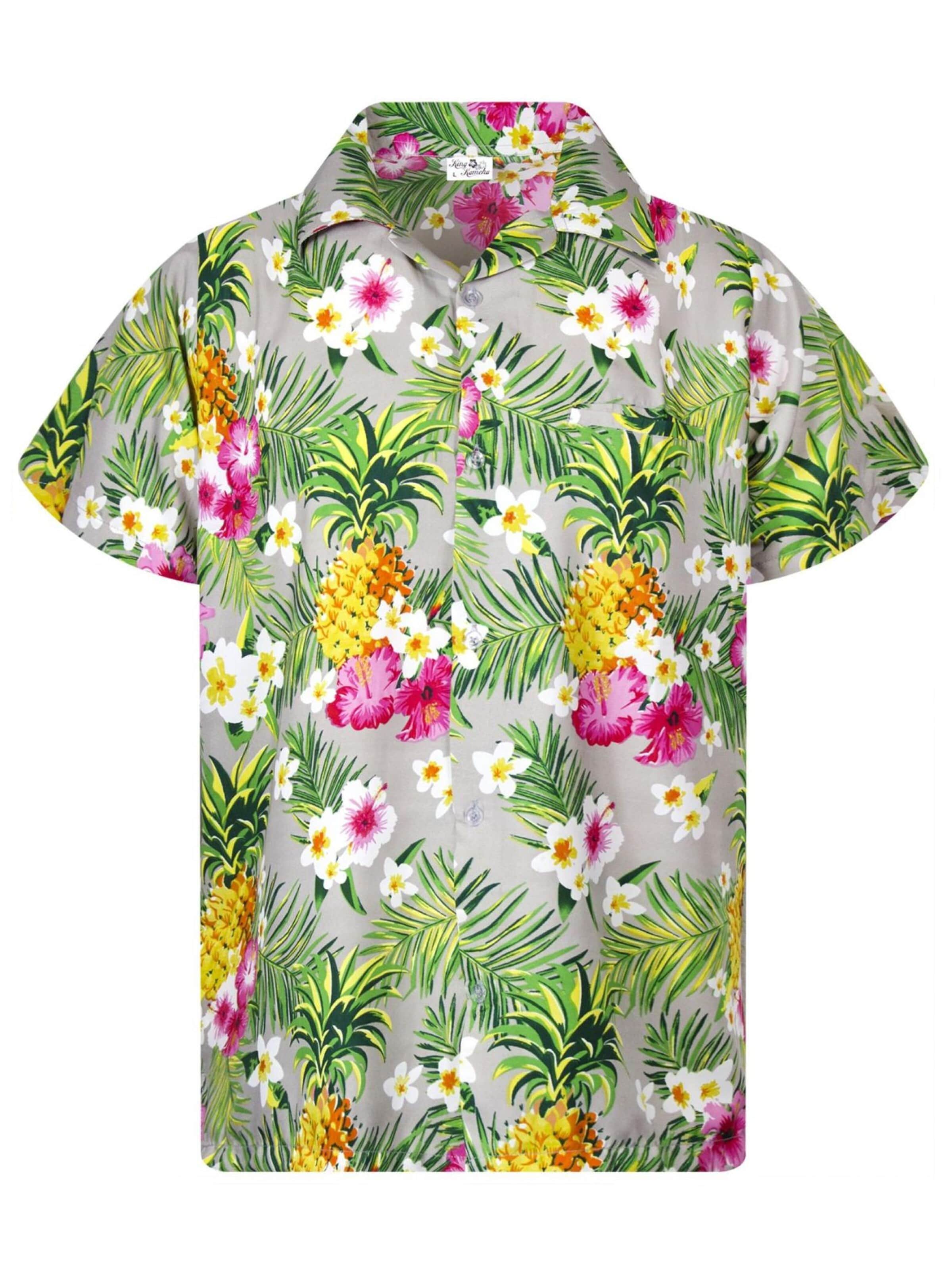 King Kameha Regular Fit Hemd 'Pineapple Flowers'‌‌‌‌‌‌‌ in Grau: Vorderseite