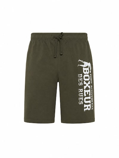 Boxeur des Rues Sportbroek 'Herren Baumwollshorts Boxeur des Rues, Olivgrün, Weißes vertikales Logo' in L in de kleur Groen, Productweergave