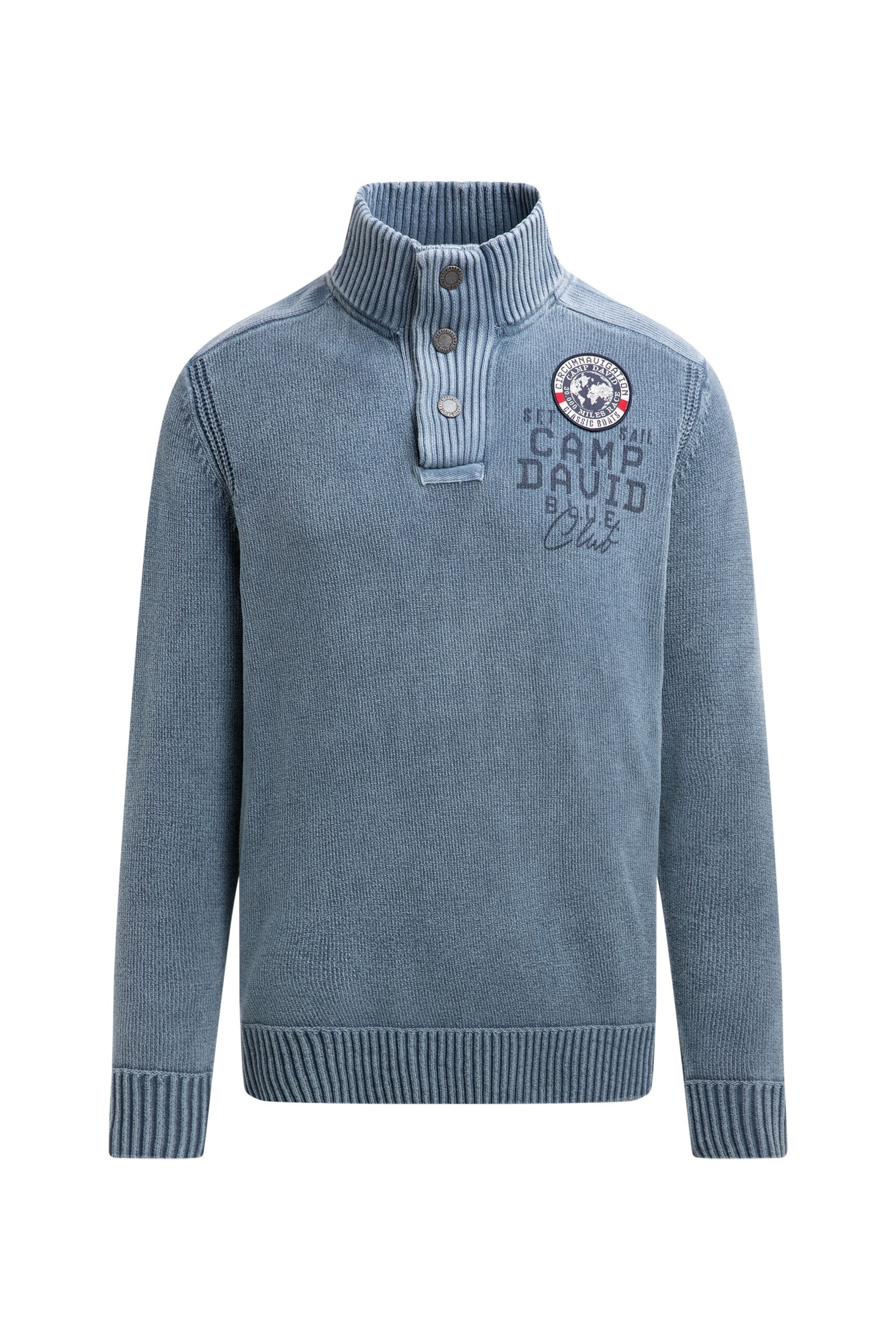 CAMP DAVID Troyer-Pullover aus Chenille mit Print und Patch in Blau: Vorderseite