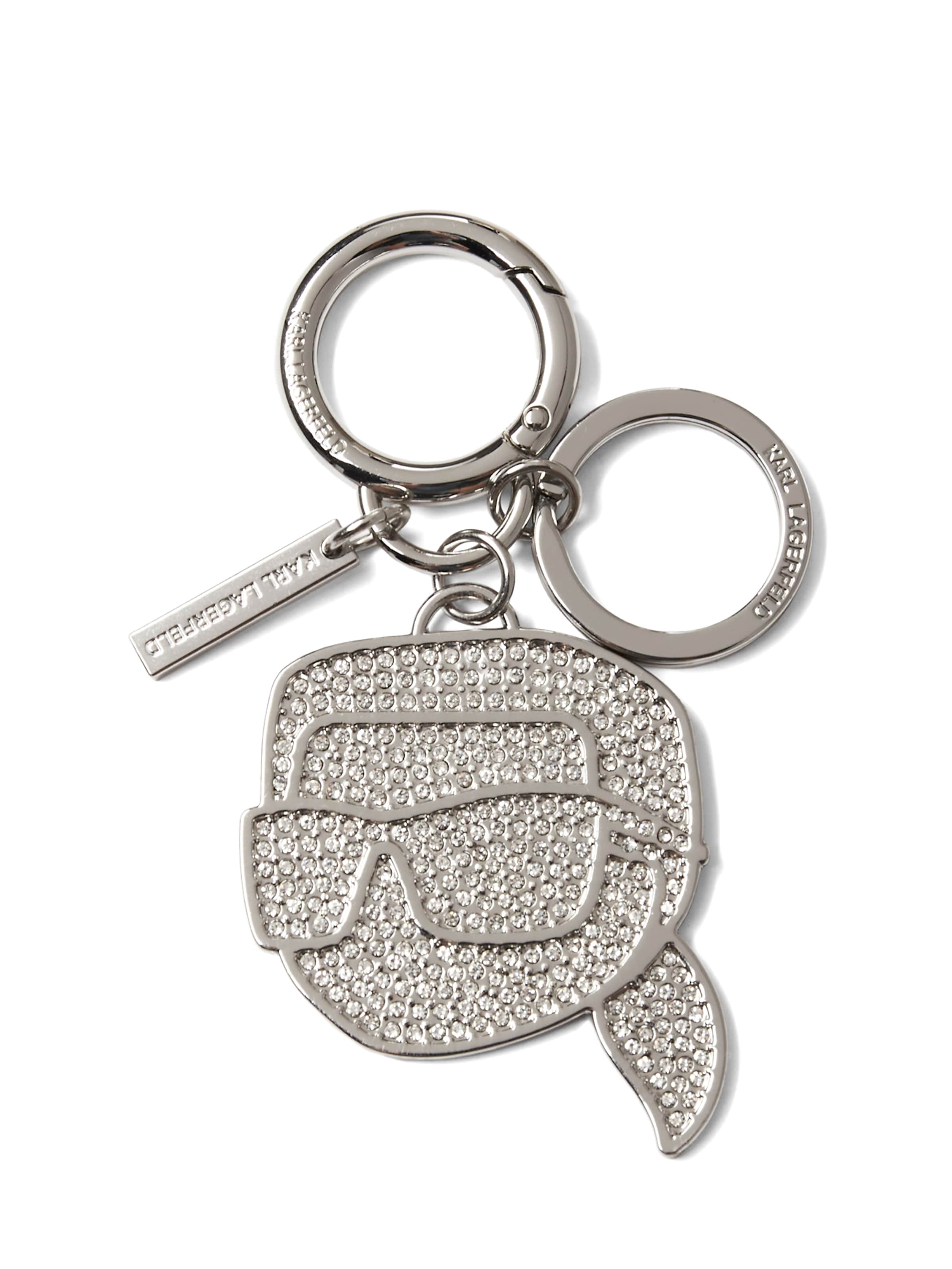 Portachiavi ' K/IKONIK KARL SCHLÜSSELANHÄNGER MIT STRASS ' di Karl Lagerfeld in argento: frontale