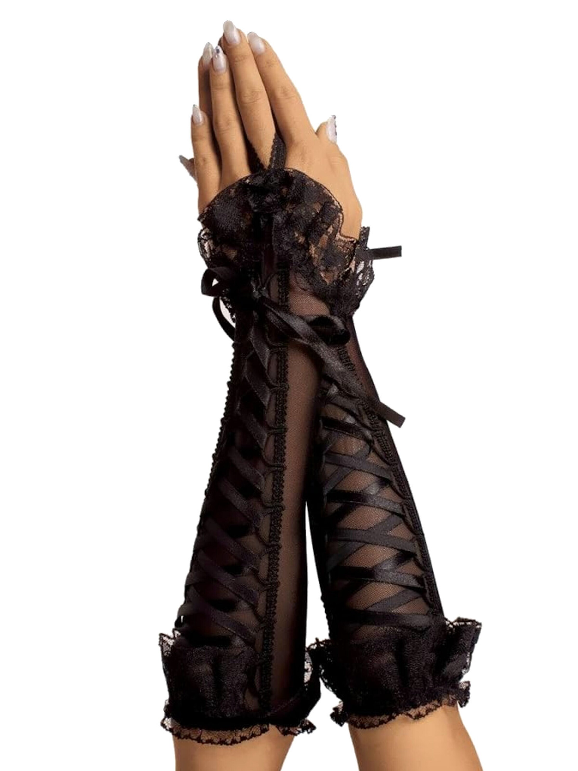 Dirndline Kurzfingerhandschuhe 'Roxana Armstulpen'‌‌‌‌ in Schwarz: Vorderseite