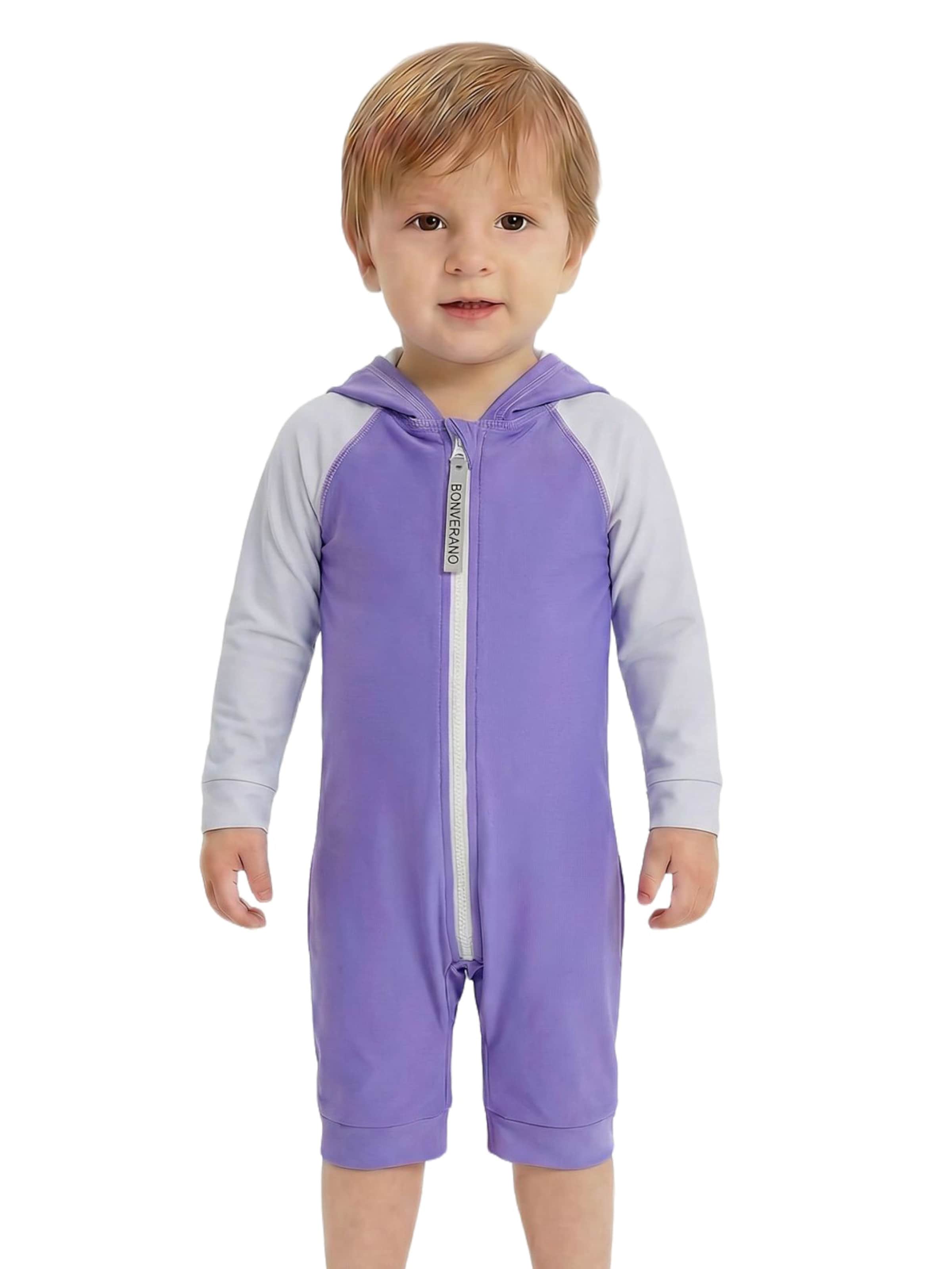 BONVERANO Athletic Swimwear 'Baby Jungen UV Badeanzug 50+ 3/4-Ärmel Kapuze Full-Zip Schwimmanzug' in Purple: front