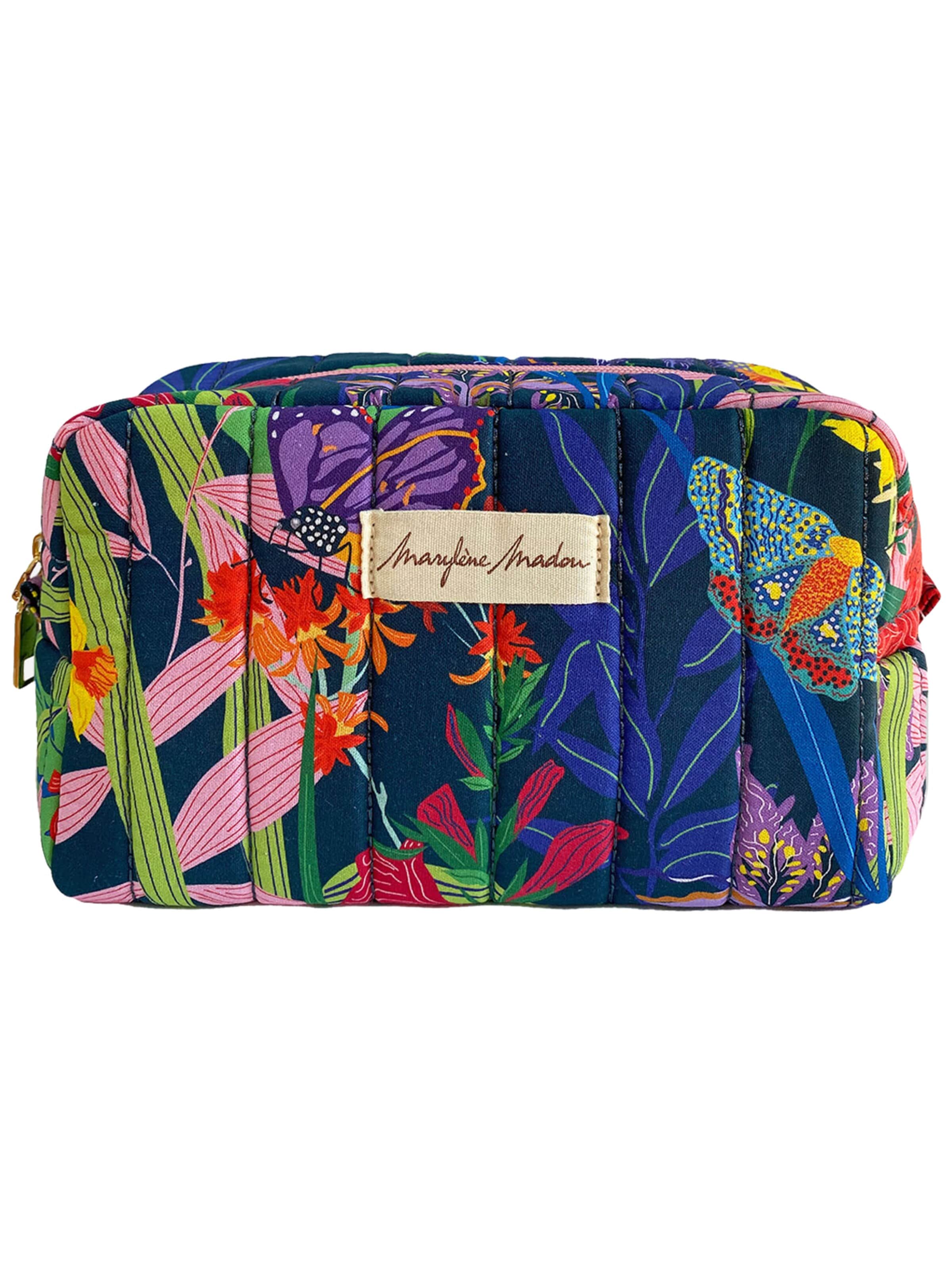 Borsa per il bucato 'Quilted Small ‘Butterfly Garden’ in Navy Cobalt Toiletry Bag Make-up Bag' di Marylène Madou in blu: frontale
