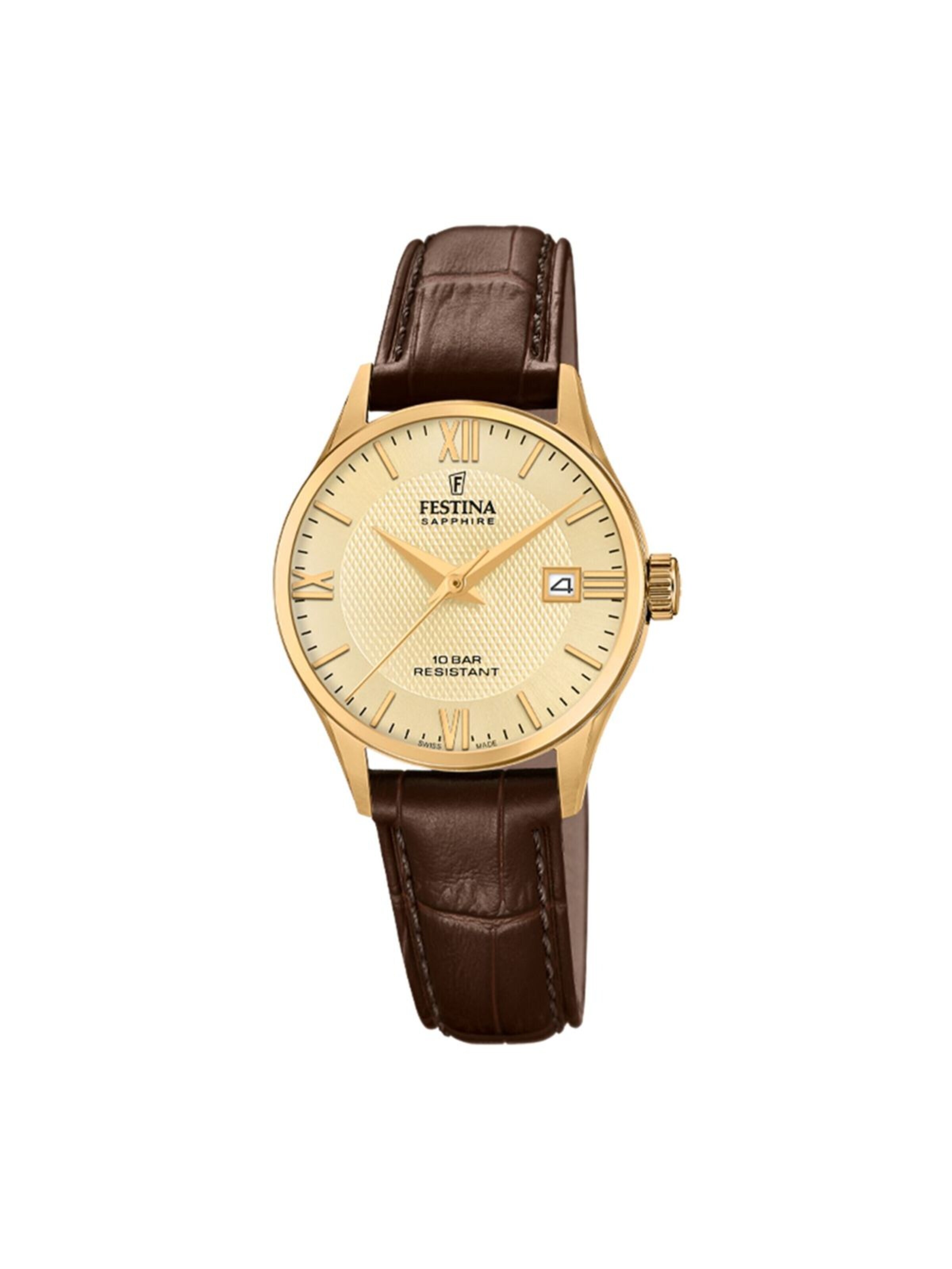 FESTINA Analoog horloge 'Date watch Classic Leather Swiss Made' in Goud: voorkant