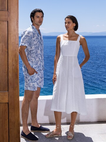 Robe 'Square Neck Striped Linen Tie Back Dress with Front Slit' Haris Cotton en blanc : devant