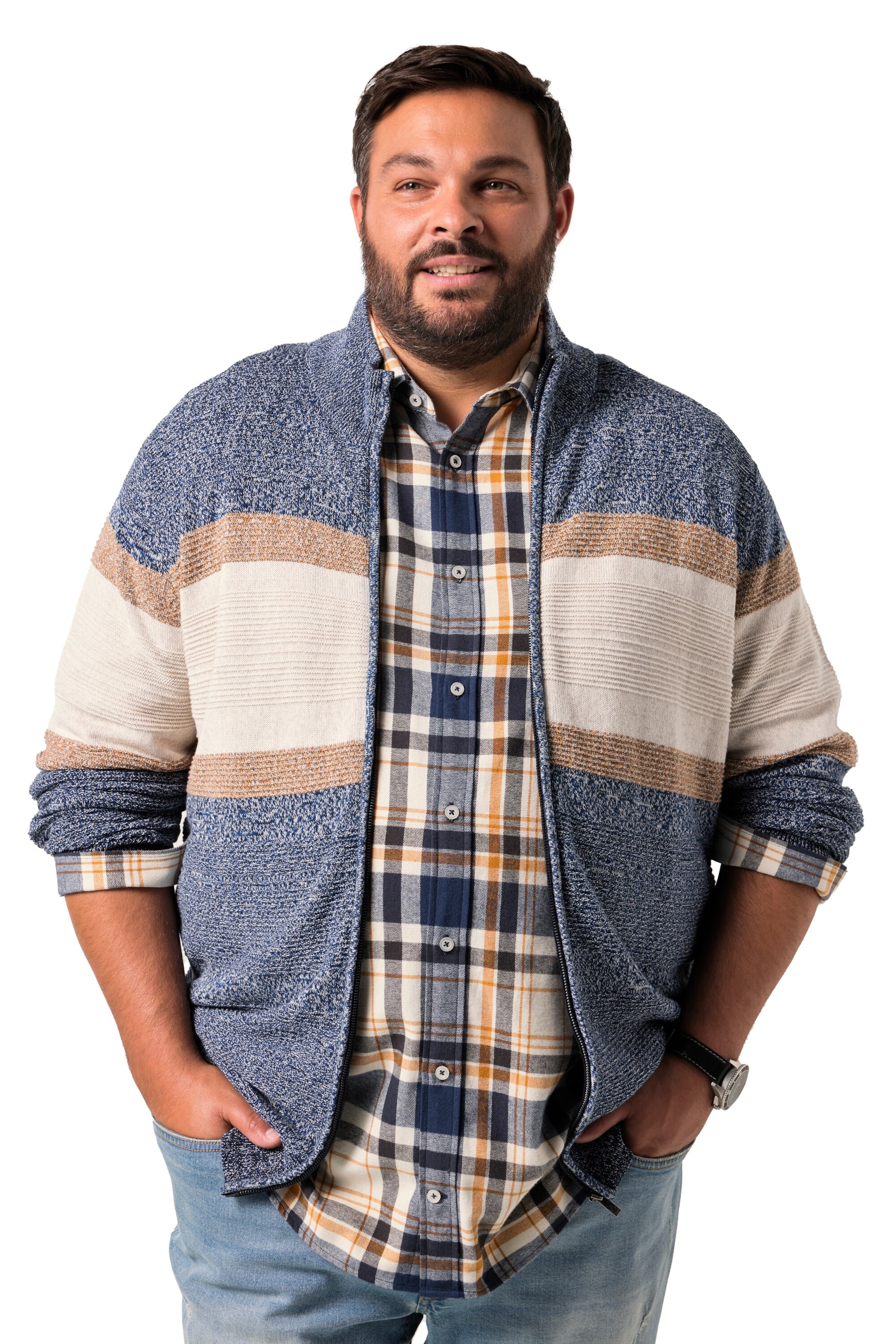 Men Plus Strickjacke in Blau: Vorderseite