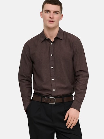 Only & Sons Slim fit Overhemd 'ONLY & SONS ONSCAIDEN LIFE LS SOLID LINEN BLEND NOOS CAMICIA' in Bruin