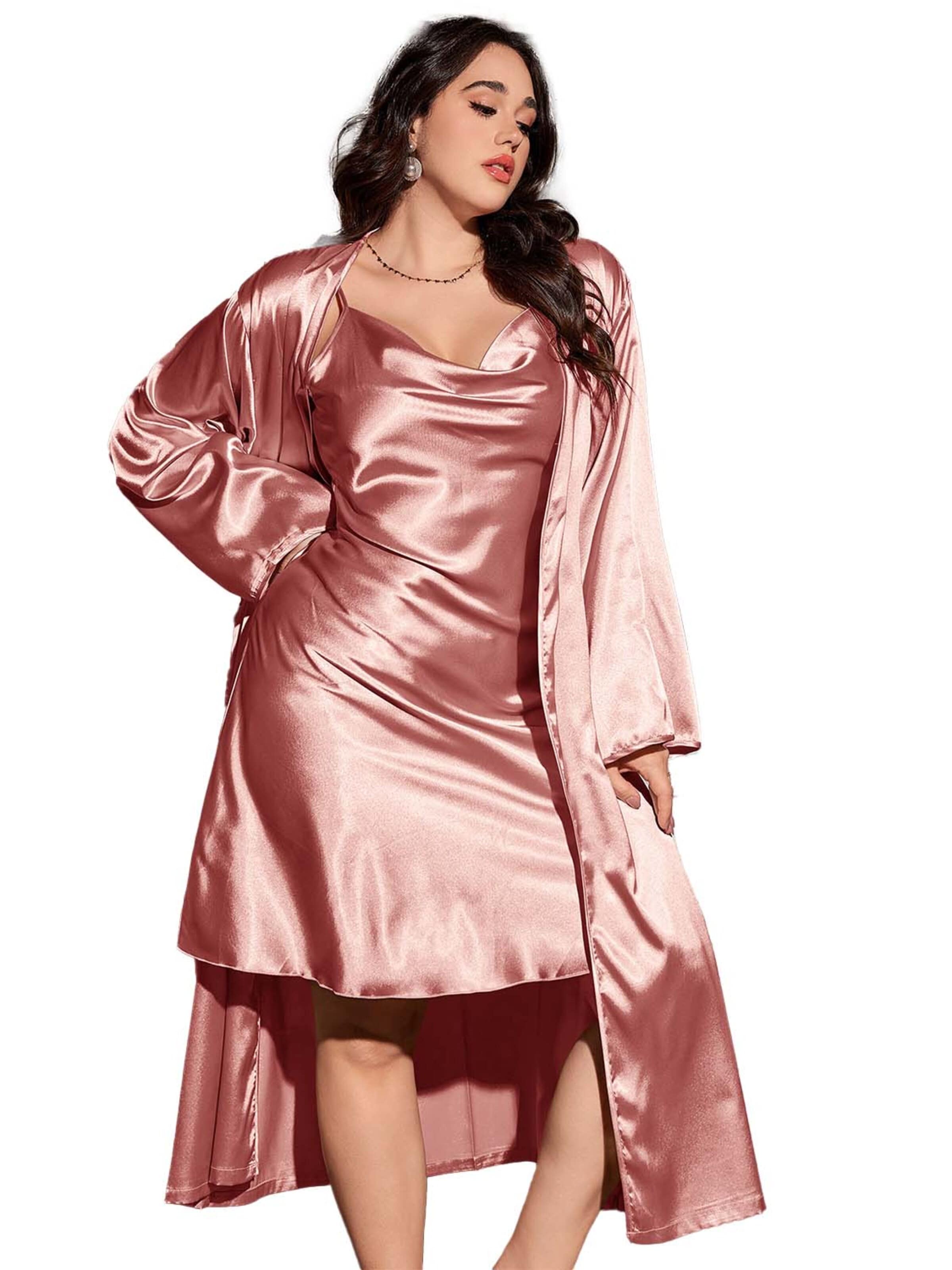 KoJooin Koszula nocna 'Damen-Set in Satinoptik mit Trägerkleid, lockerem Schnitt und Plus-Size-Passform' w kolorze różowy: przód