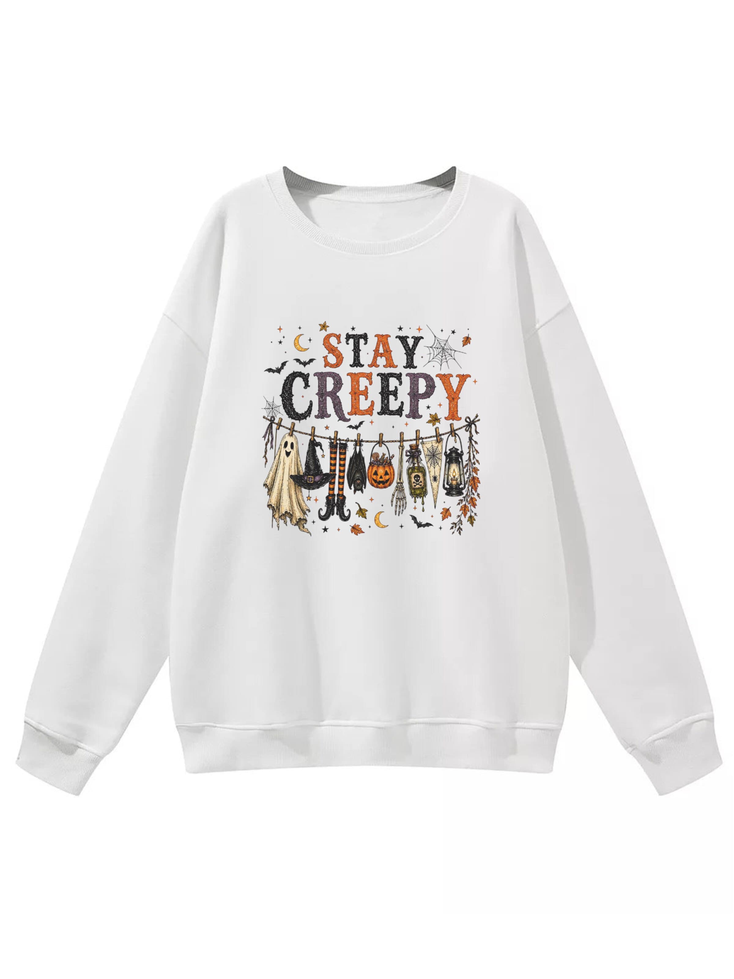 GORHEY Sweater 'Women's Crew Neck Sweatshirt with Halloween Ghosts Print, Loose Long Sleeve Fleece Pullover' in White
