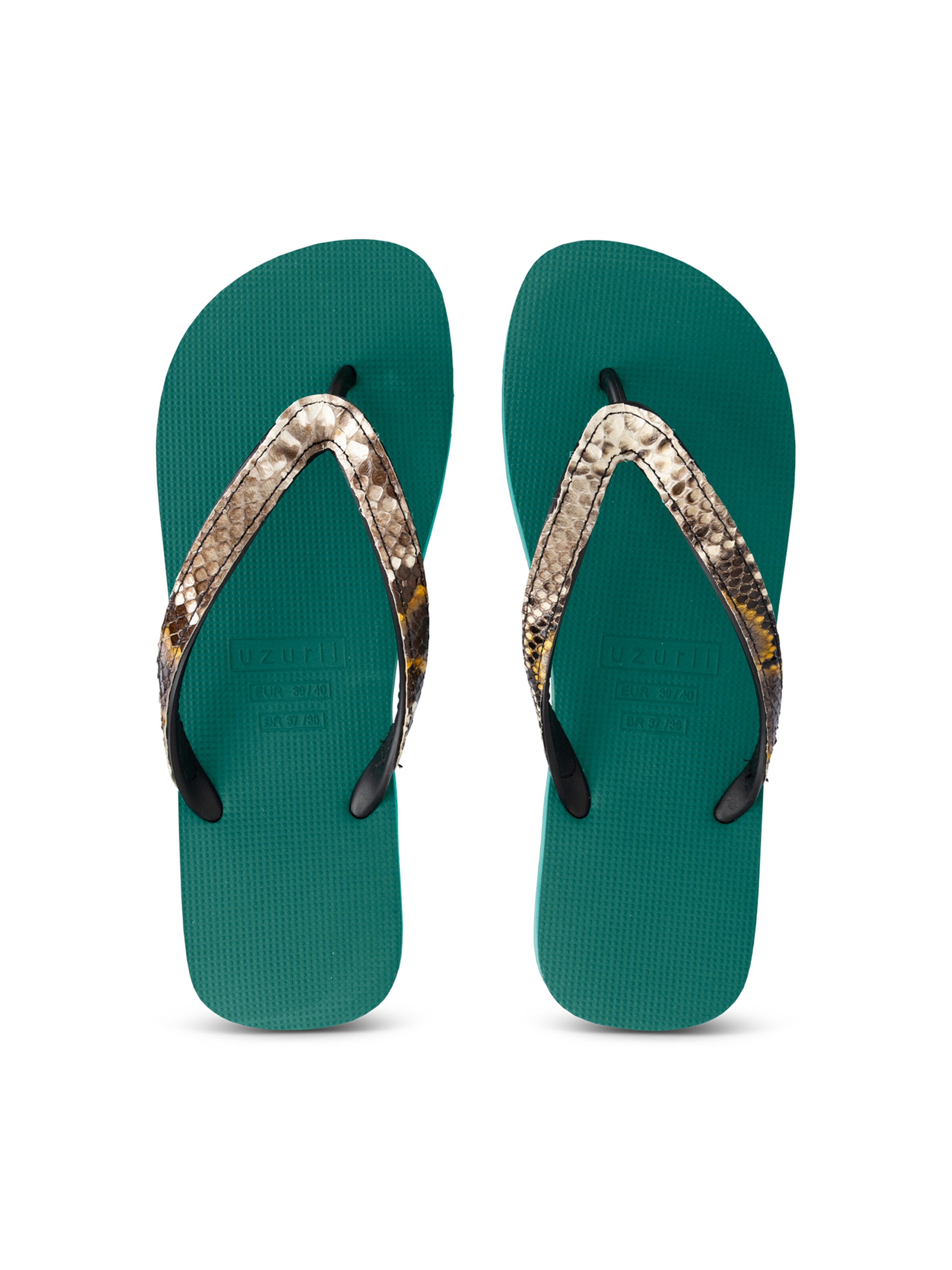 Uzurii Luxury Footwear T-Bar Sandals 'Python' in Green