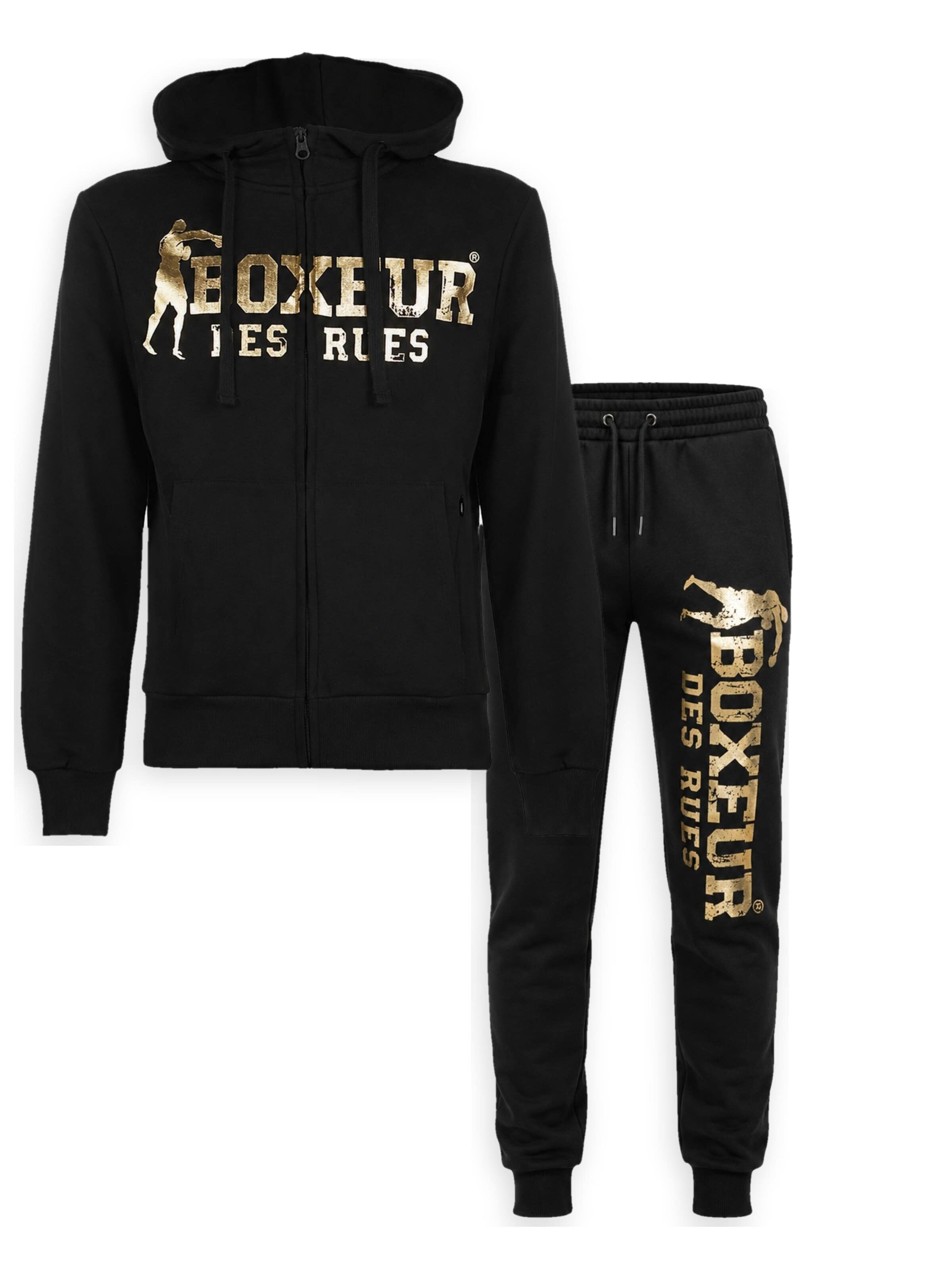 Boxeur des Rues - Traje para estar en casa 'Herren Set Boxeur des Rues: Fitted Hoodie mit Reißverschluss Schwarz + Jogginghose Schwarz, Goldenes vertikales Logo' en negro