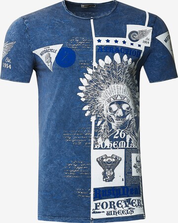 Rusty Neal T-Shirt mit Oil Washed Skull All Over Front Print in Blau: predná strana