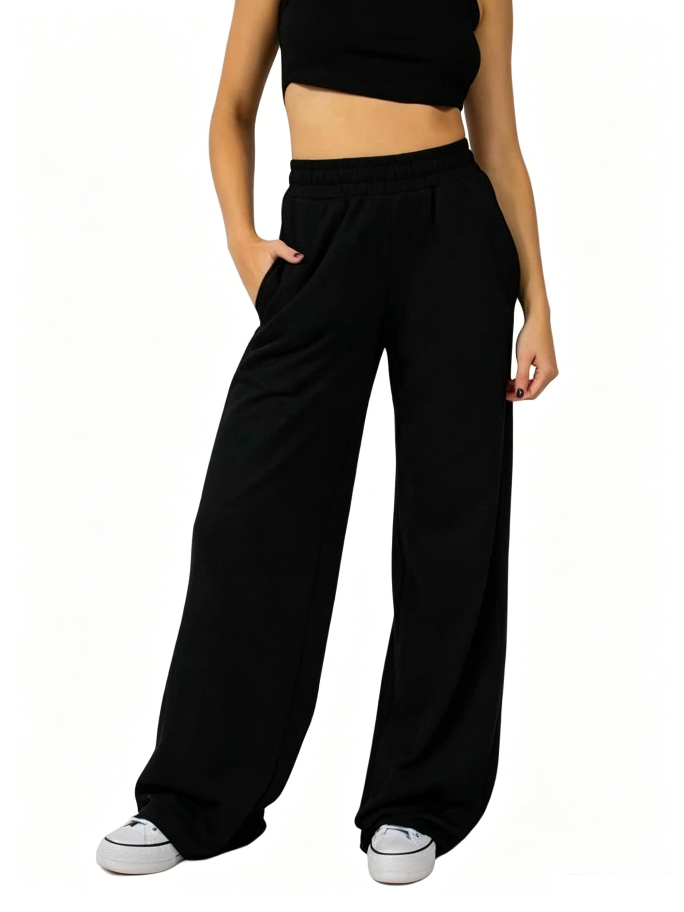 KoJooin Normalny krój Jeansy 'Damen Oversize Wide Leg Sweathose Eingrifftaschen Elastischer Taillenbund Lässige Freizeithose' w kolorze czarny