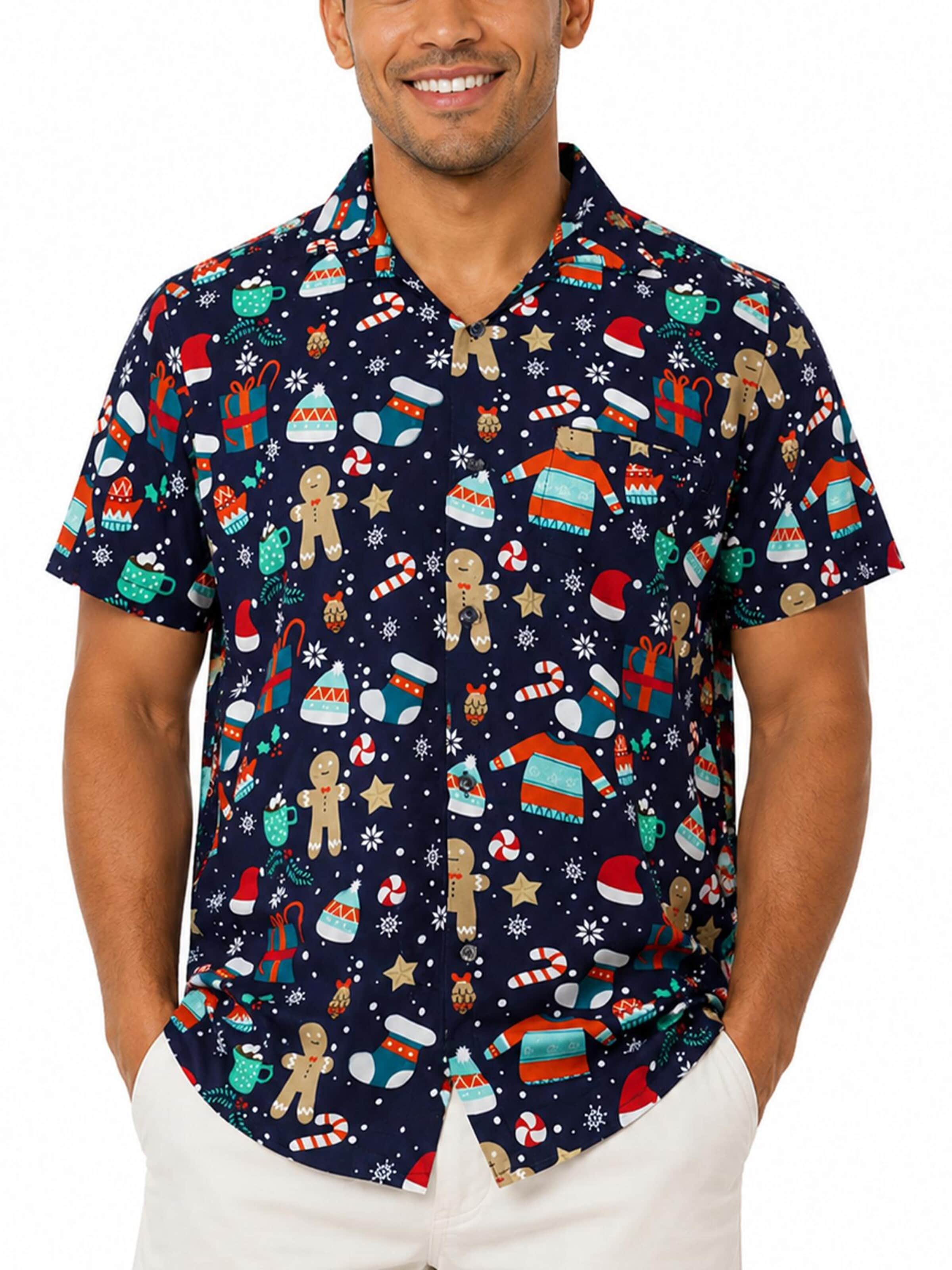King Kameha Regular Fit Hemd 'Christmas Gingerbread'‌‌‌‌‌‌‌‌‌ in Blau