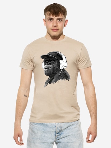 Cotton Prime Shirt 'Monkey mit DJ-Kopfhörer' in Beige: voorkant