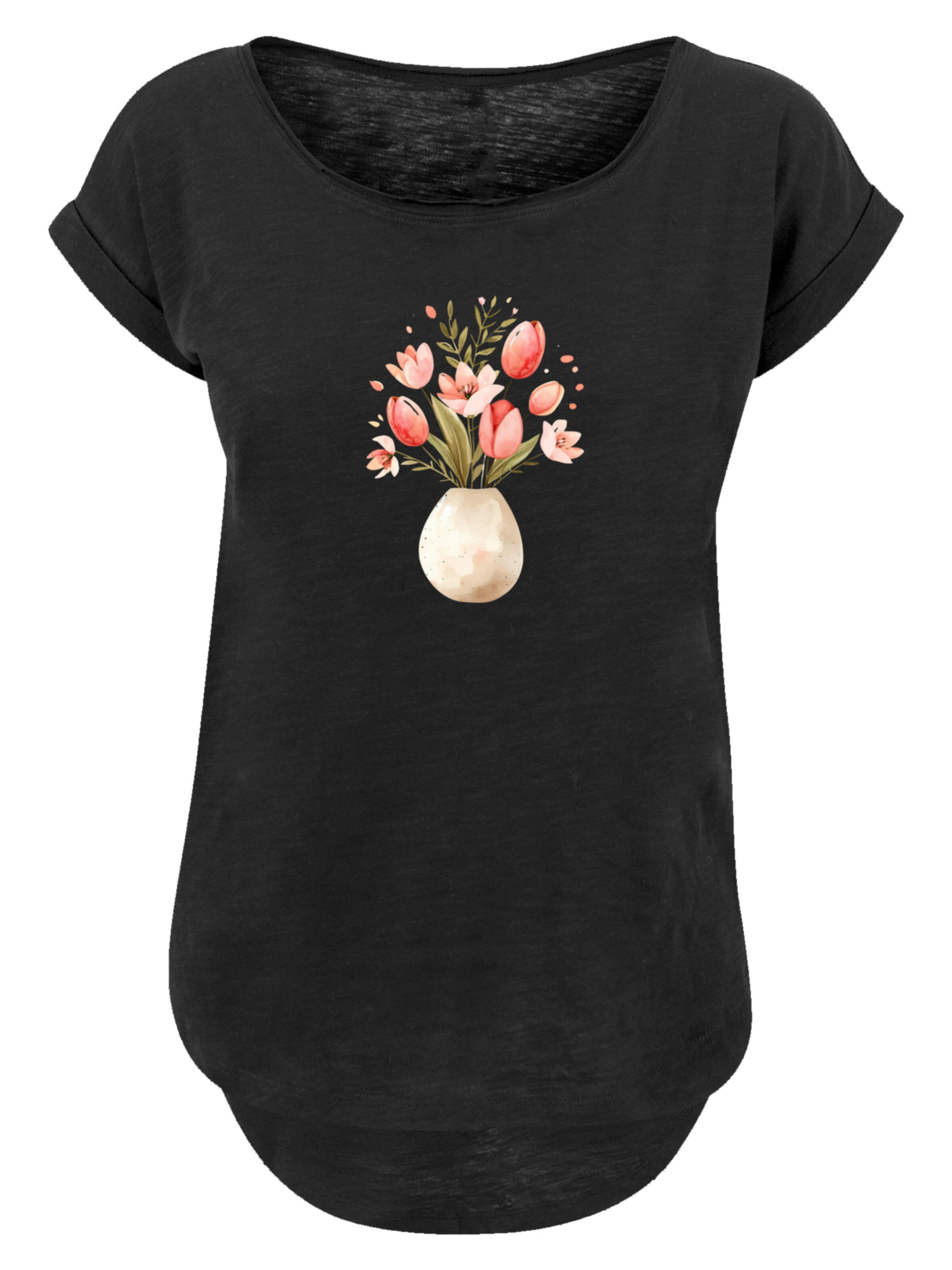 F4NT4STIC Shirt 'Rosa Frühlingsblumenstrauß In Vase' in Zwart: voorkant