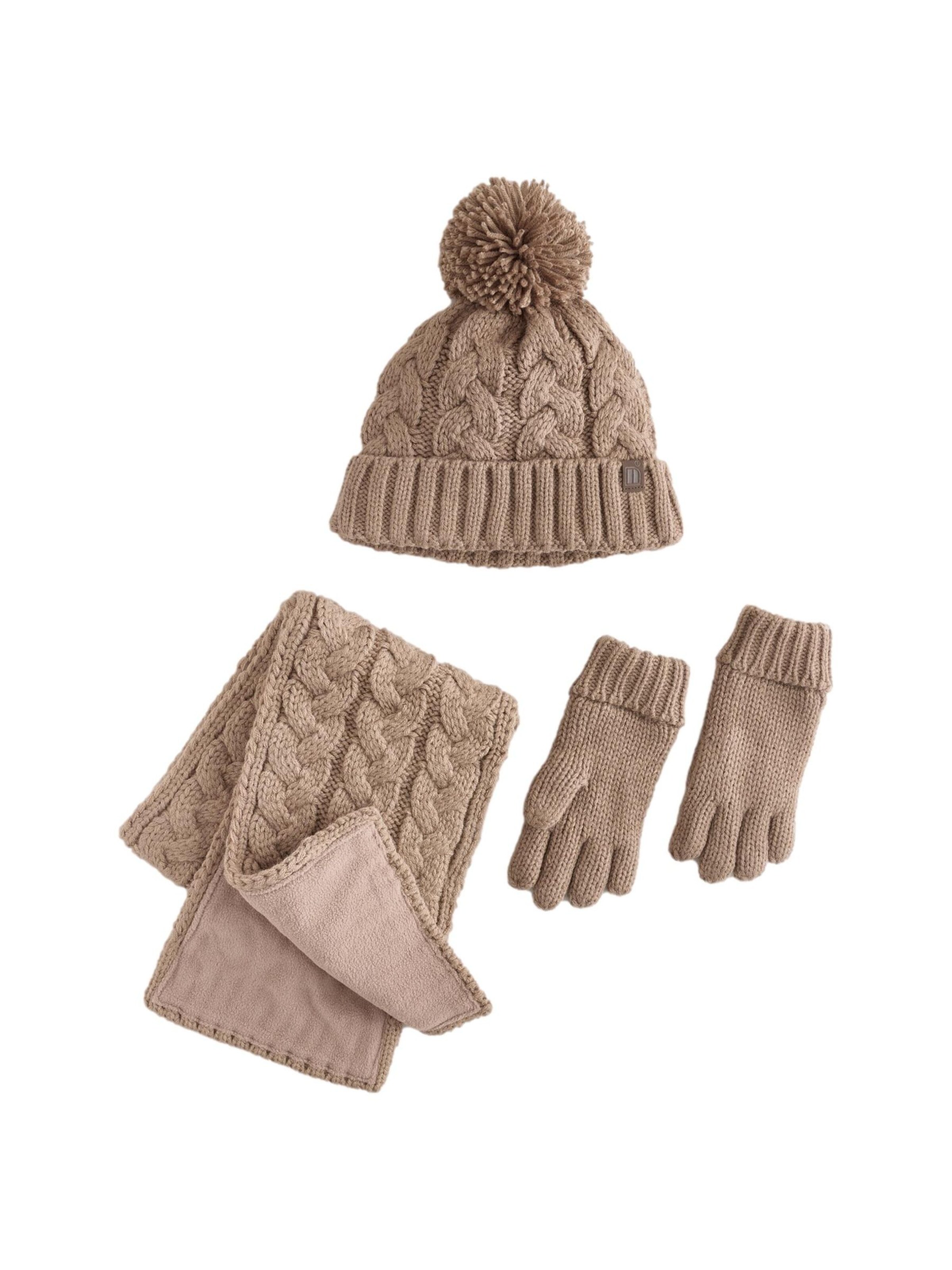 Next Set: Mütze, Schal und Handschuhe in Beige: Vorderseite