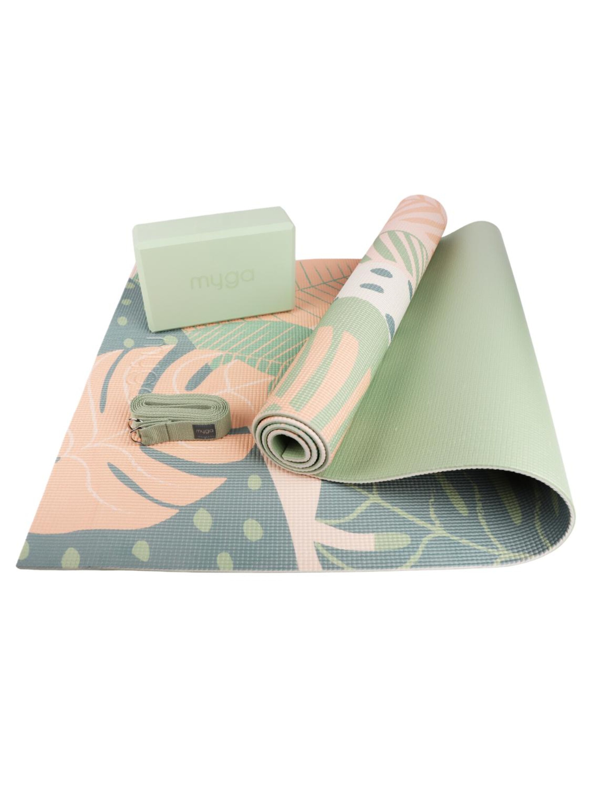 myga Mat 'Yoga-Einsteiger-Set - Palmen Design' in Green: front