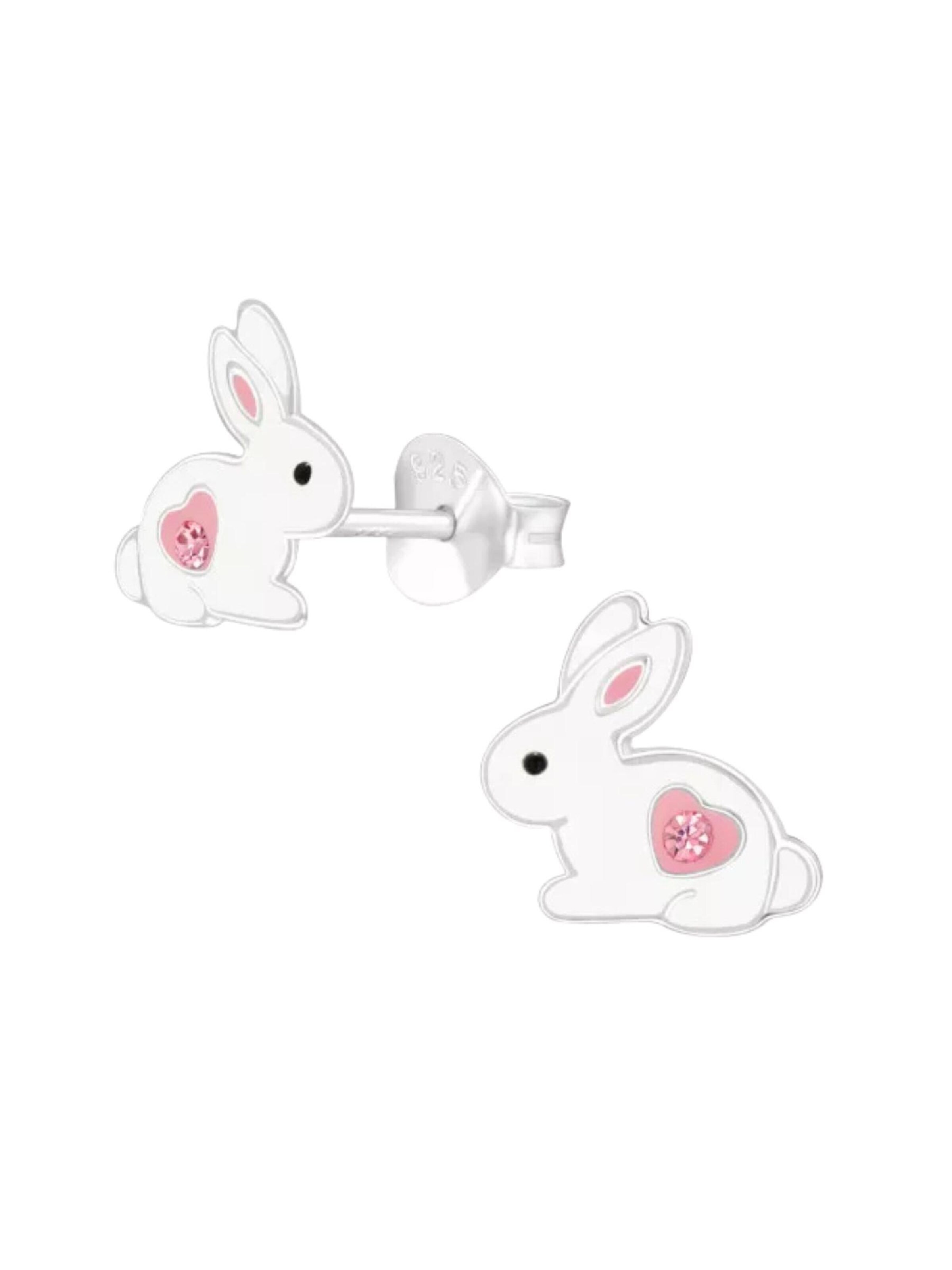 Boucles d'oreilles 'Silberne Hasen-Ohrstecker für Kinder mit Kristall und Epoxid' Maxte en blanc : devant