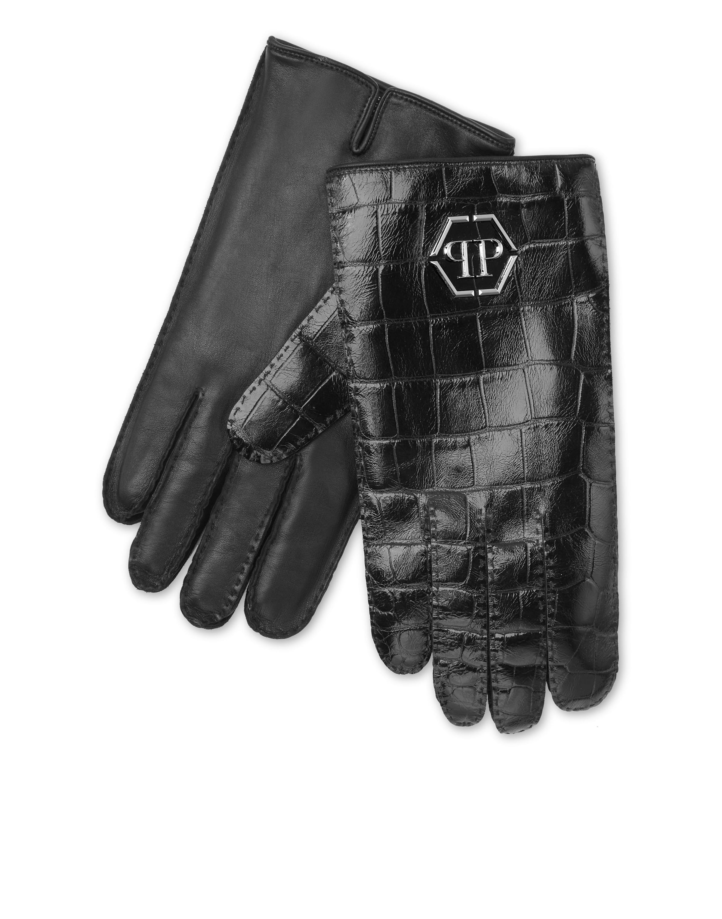 Philipp Plein Full finger gloves 'Hexagon' in Black: front