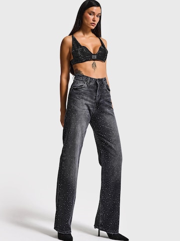 IT'S BASIC Regular Jeans 'RHINESTONE STRAIGHT HIGH RISE JEANS' in Zwart