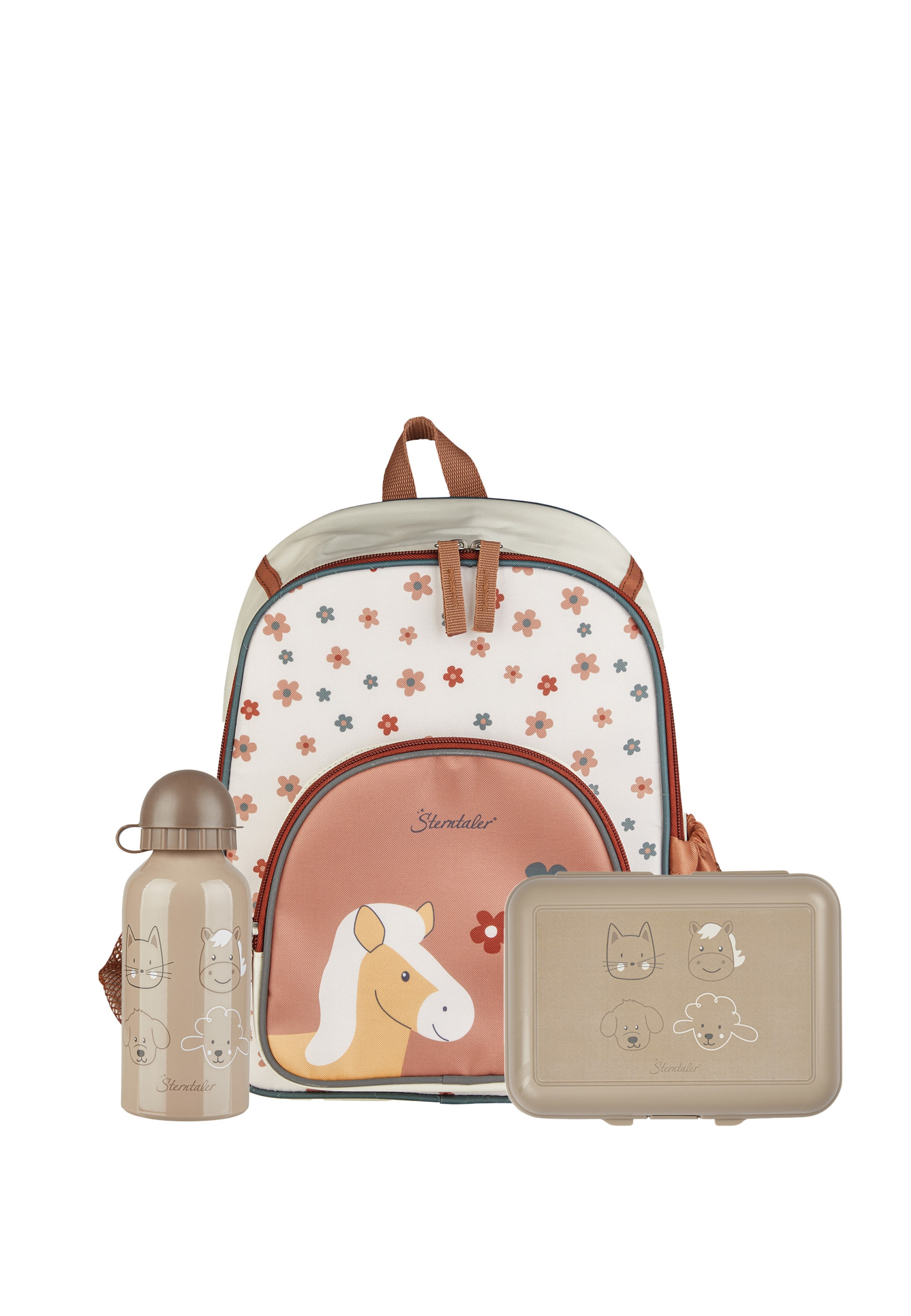 STERNTALER Set: Rucksack, Trinkflasche und Brotdose 'Pferd Sunny' in Beige: Vorderseite